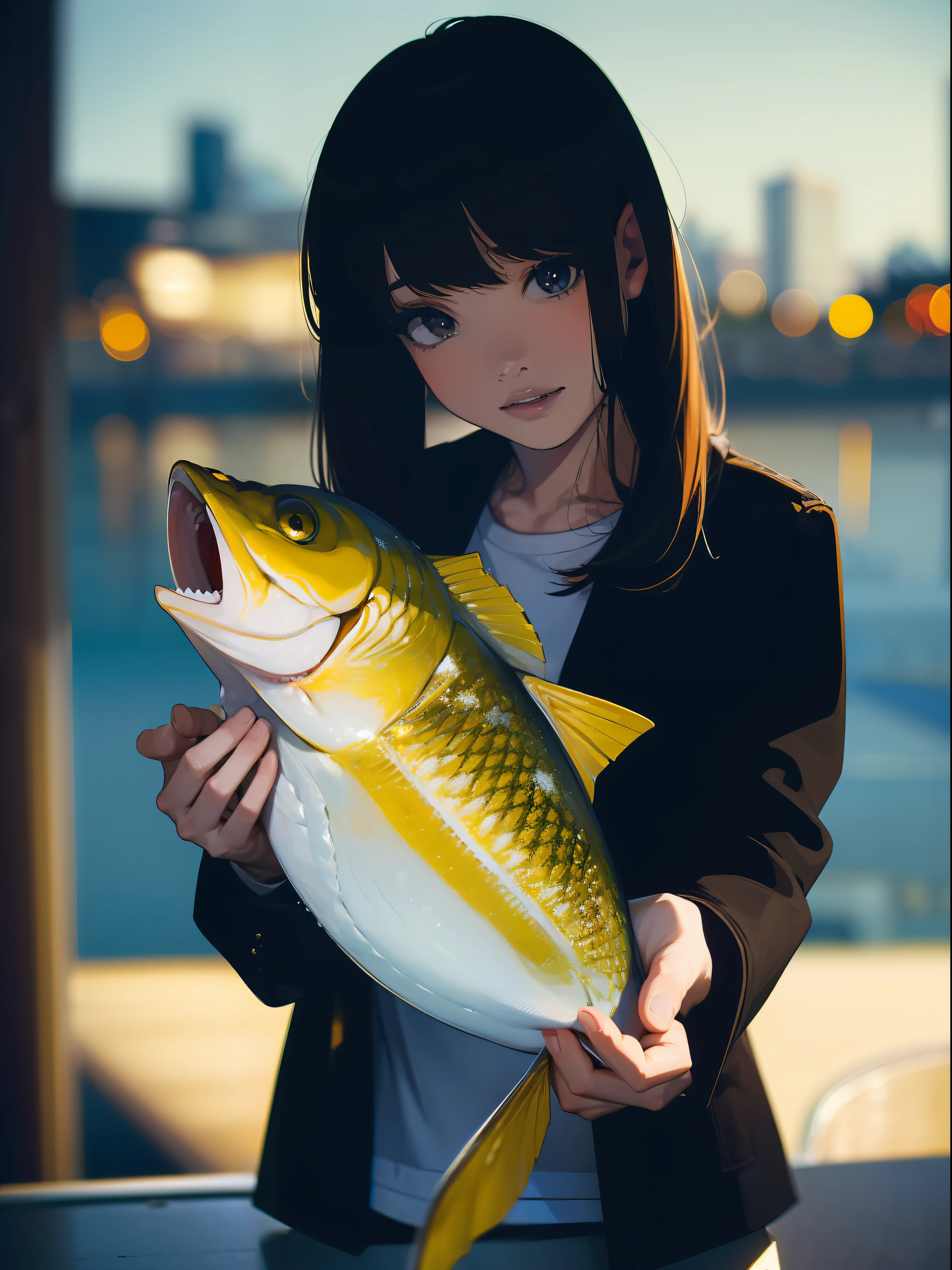 ((((Holding a big fish by the lakeside)))),((Best Quality, masutepiece :1.3)),((( Large Mouth Bass))),hight resolution,ultra-detailliert,Beauty and aesthetics,​masterpiece,best qualtiy,(1 Japanese woman),Black hair, long eyeslashes, Solid Circle Eyes, deadpan, drop shadow, Atmospheric perspective,Super Detail, ccurate, small brest,(Black jacket :1.1),top-quality, absurderes:1.2, blurry backround, bokeh dof:1.2, a picture, (​masterpiece:1.3), (intricate detailes:1.2), Atmospheric perspective,Super Detail, ccurate,