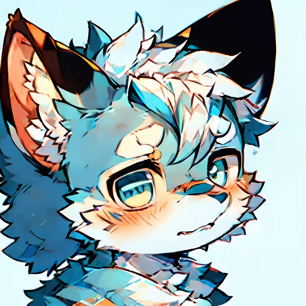 High quality anime style,Anatomically accurate,high detal,A high resolution,blue colored eyes, Character focus,simplebackground, 独奏, shaggy, Furry cute male, malefocus,Side close-up,Full Body Furry, Fluffy tail, White color hair,White fur,A blushing expression,:3
