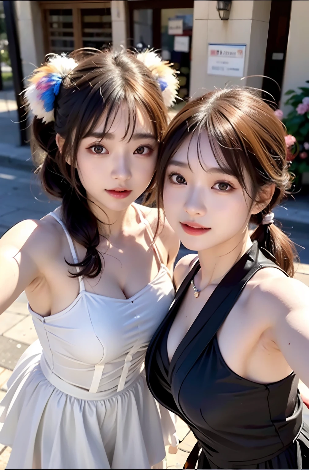 shukezouma, rendering by octane, hdr, (ultra - detailed:1.15), (Soft light, Sharp:1.2), (((duo,Two women in costume take selfies on the street,colorful pigtail, anime cosplaying,))),Beautiful girl, hyper detail eyes, mature, Painting drops, paint teardrops, woman made up from paint, entirely paint, splat, Splash, Long colored hair,paint bulb,paint drops, Exposed shoulders, Tears,shoulders are visible, Thighs exposed, seminude, focus onface, Beautiful face, eye shadows, Dark circle contour,mascara, Beautiful, 18yr old