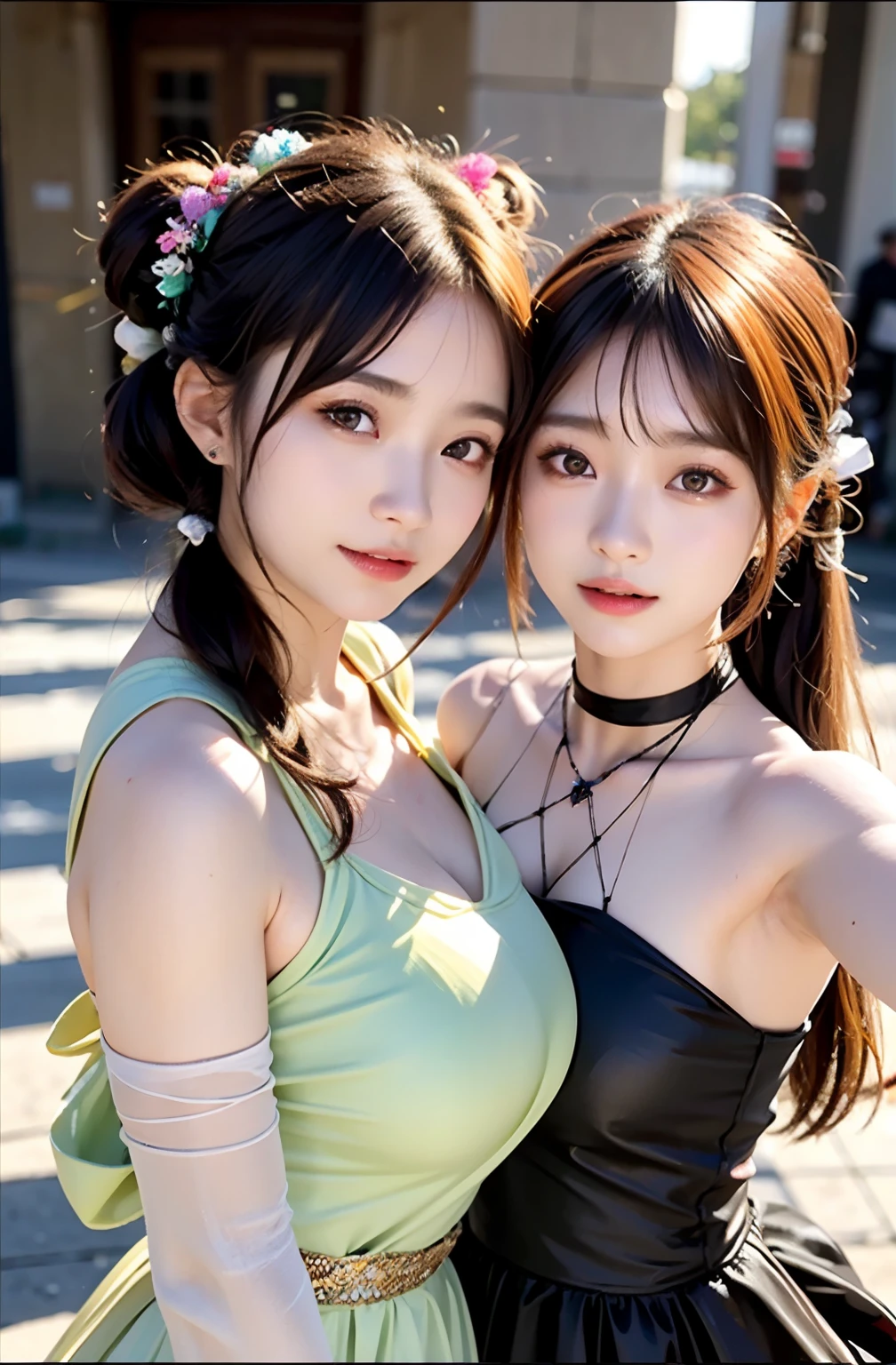 shukezouma, rendering by octane, hdr, (ultra - detailed:1.15), (Soft light, Sharp:1.2), (((duo,Two women in costume take selfies on the street,colorful pigtail, anime cosplaying,))),Beautiful girl, hyper detail eyes, mature, Painting drops, paint teardrops, woman made up from paint, entirely paint, splat, Splash, Long colored hair,paint bulb,paint drops, Exposed shoulders, Tears,shoulders are visible, Thighs exposed, seminude, focus onface, Beautiful face, eye shadows, Dark circle contour,mascara, Beautiful, 18yr old