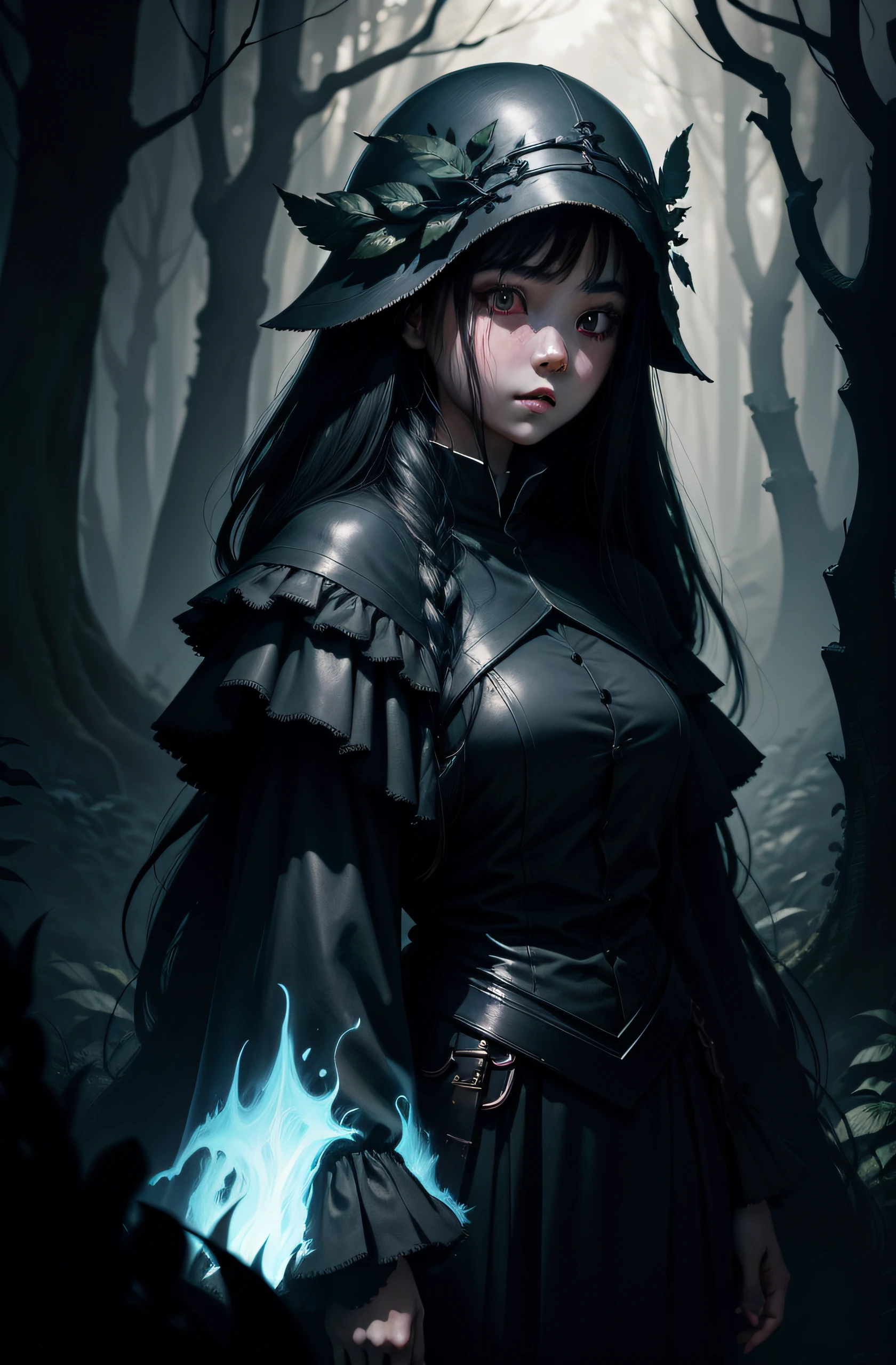 Girl in the dark forest,The face is rosy and natural,largeeyes,dark concept art,dark high-contrast concept art。
