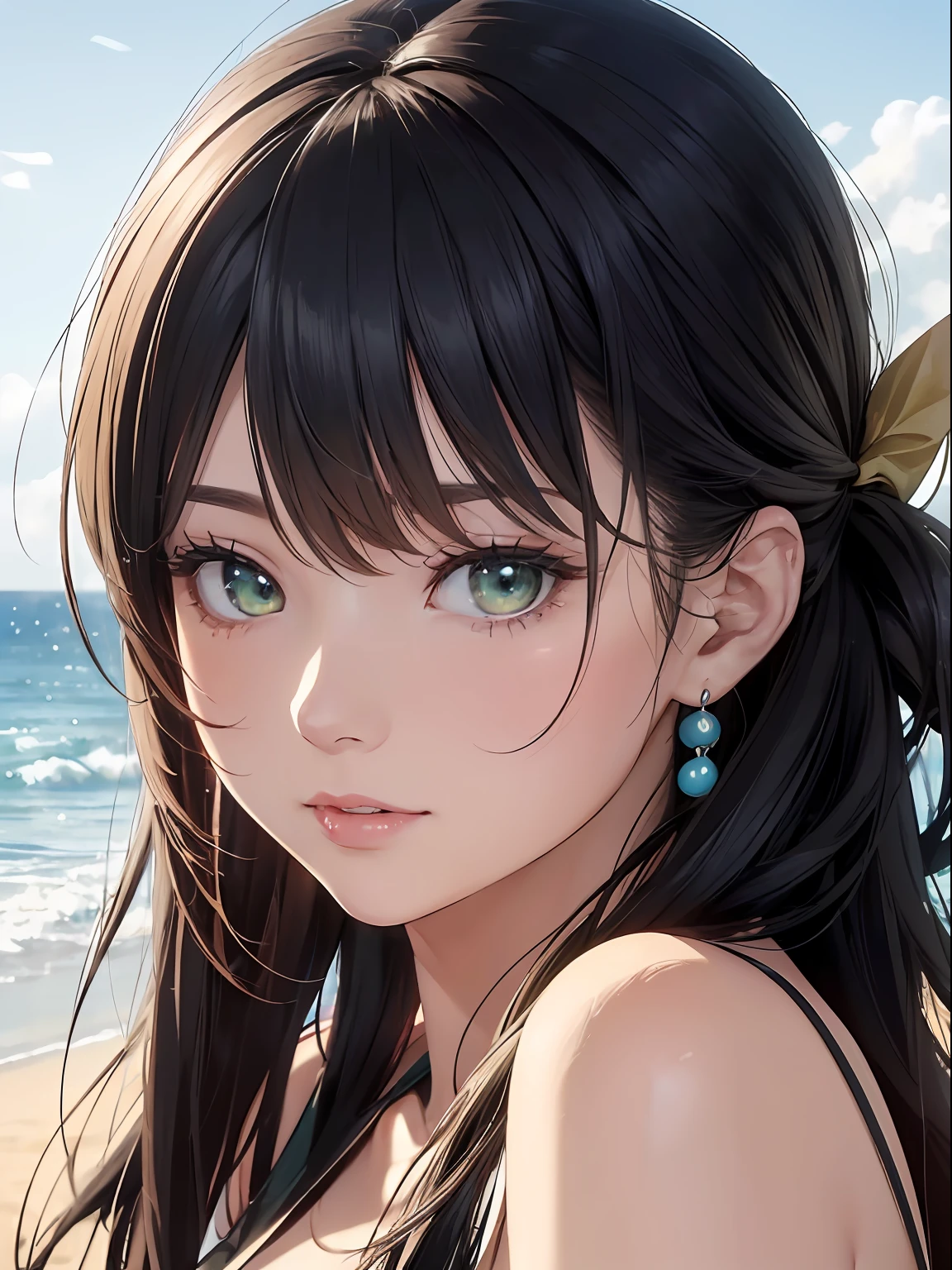 NFSW, 1 Lady, Face, (((1 Lady:1.37, Solo))), (((Close-up of the face))), (Beautiful face, Cute face, Detailed face), ((( Black hair, Semi-long hair, Hair pulled back, side poneyTail))), (((Detailed beautiful green eyes))), BREAK, (((Sunny))), (((in beach))), extremely detailed CG unified 8k wallpaper, very fine 8KCG wallpaper, anime moe art style, Anime visuals of cute girls, anime style portrait, In an anime style, Beautiful anime, 8K Anime Art Style, In anime style、8K animation with detailed drawings, (masterpiece, Best Quality), High resolution, Ultra-detailed, ultra-sharp, Cinematic lighting