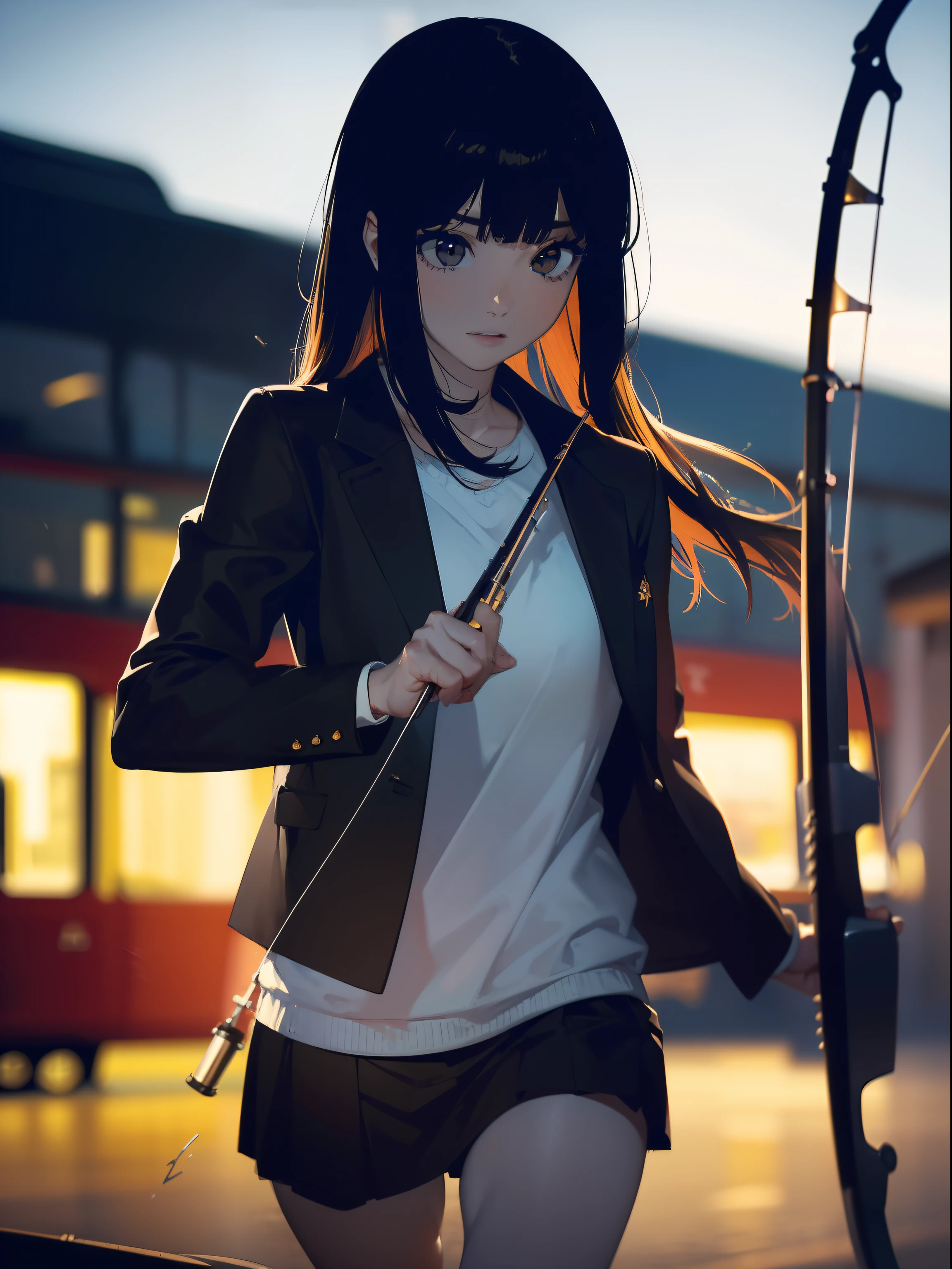 ((((Have a fishing rod with a reel by the lakeride)))),((Best Quality, masutepiece :1.3)),((( Large Mouth Bus))),hight resolution,ultra-detailliert,Beauty and aesthetics,masterpiece,best qualtiy,(1 Japanese woman),Black hair, long eyeslashes, Solid Circle Eyes, deadpan, drop shadow, Atmospheric perspective,Super Detail, ccurate, small brest,(Black jacket :1.1),top-quality, absurderes:1.2, blurry backround, bokeh dof:1.2, a picture, (masterpiece:1.3), (intricate detailes:1.2), Atmospheric perspective,Super Detail, ccurate,