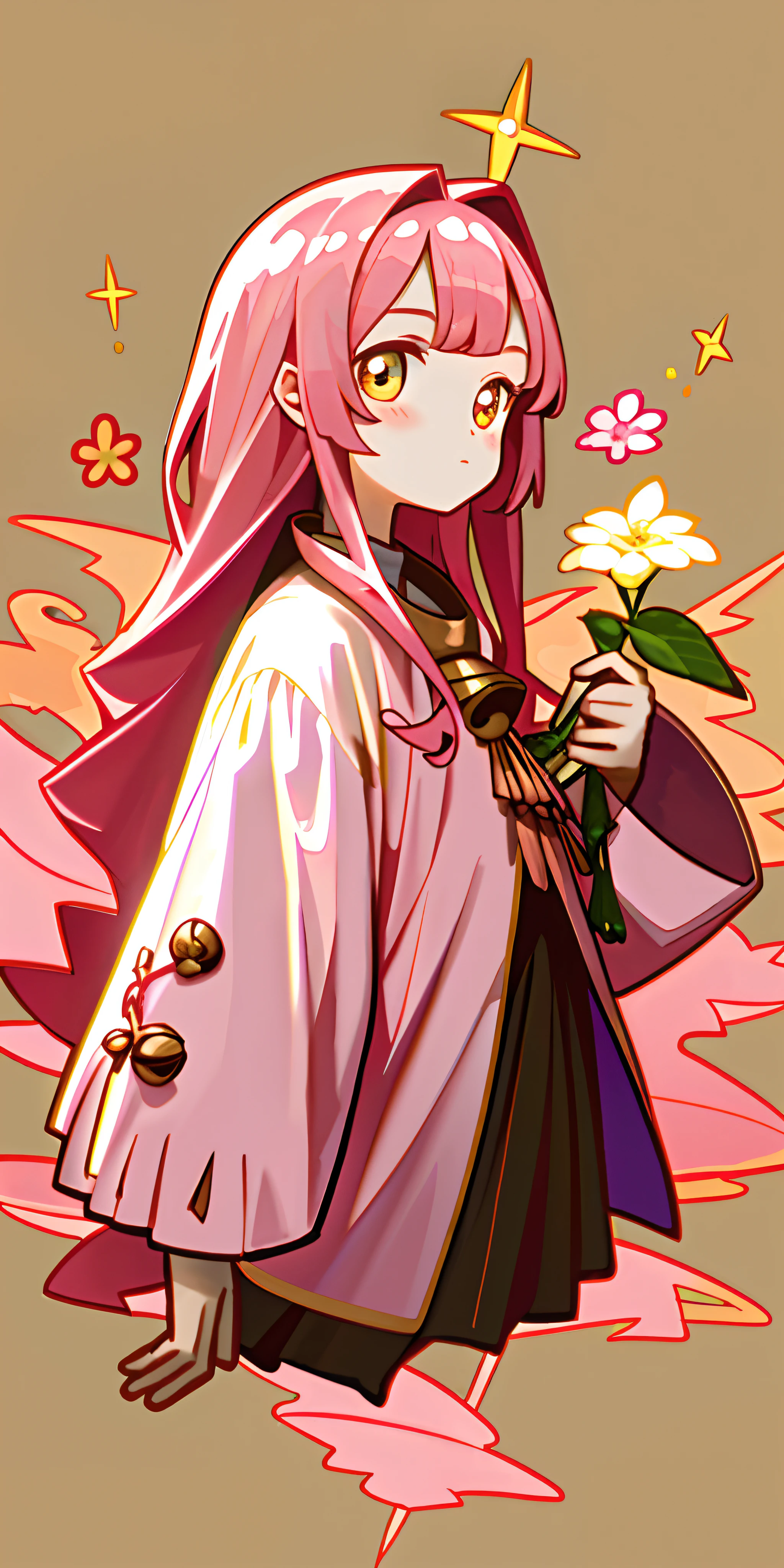high qulity，tmasterpiece，Two-dimensional cute girl，A pink-haired，Golden eyes，Kulomi Collection，Flower sea background，Bells and whistles，Details of the hand