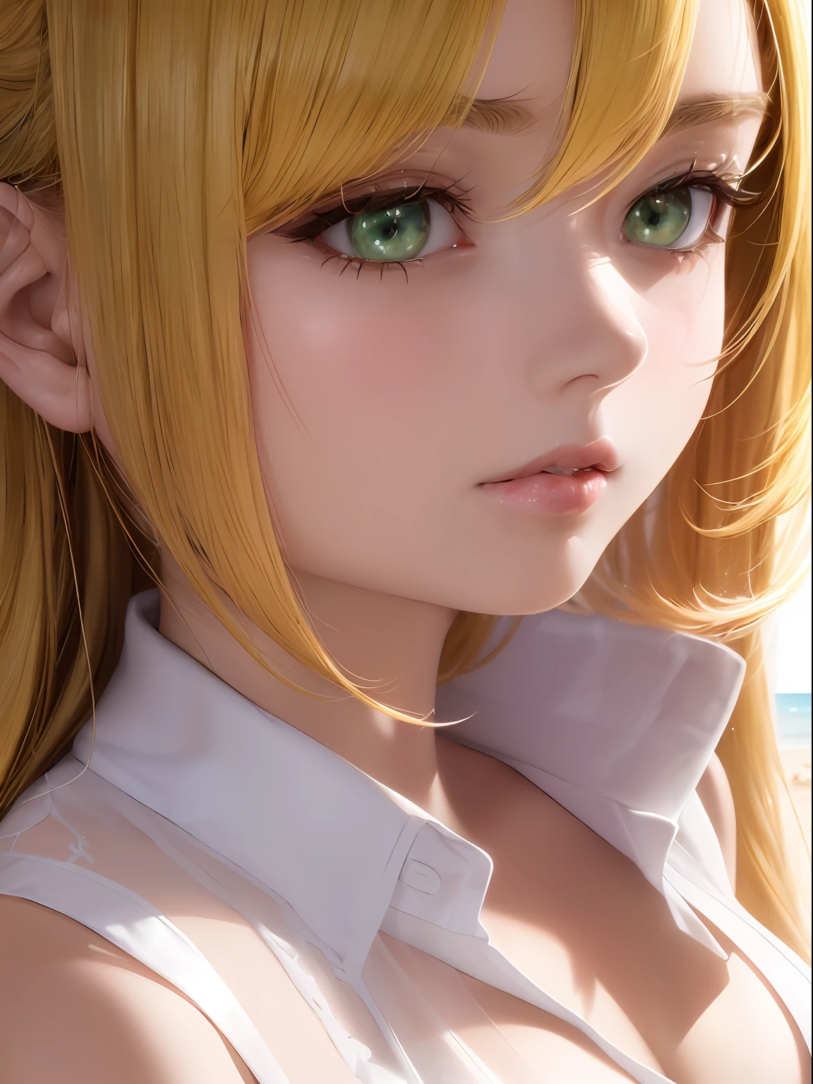 NFSW, 1 Lady, Face, (((1 Lady:1.37, Solo))), (((Close-up of face))), (Beautiful face, Cute face, Detailed face), ((( Golden hair, Semi-long hair, Hair pulled back, Wavy Hair))), (((Detailed beautiful green eyes))), BREAK, (((Sunny))), (((in beach))), (((White sheer blouse, Microblouse, Sleeveless))), BREAK, extremely detailed CG unified 8k wallpaper, very fine 8KCG wallpaper, anime moe art style, Anime visuals of cute girls, anime style portrait, In an anime style, Beautiful anime, 8K Anime Art Style, In anime style、8K animation with detailed drawings, (masterpiece, Best Quality), High resolution, Ultra-detailed, ultra-sharp, Cinematic lighting