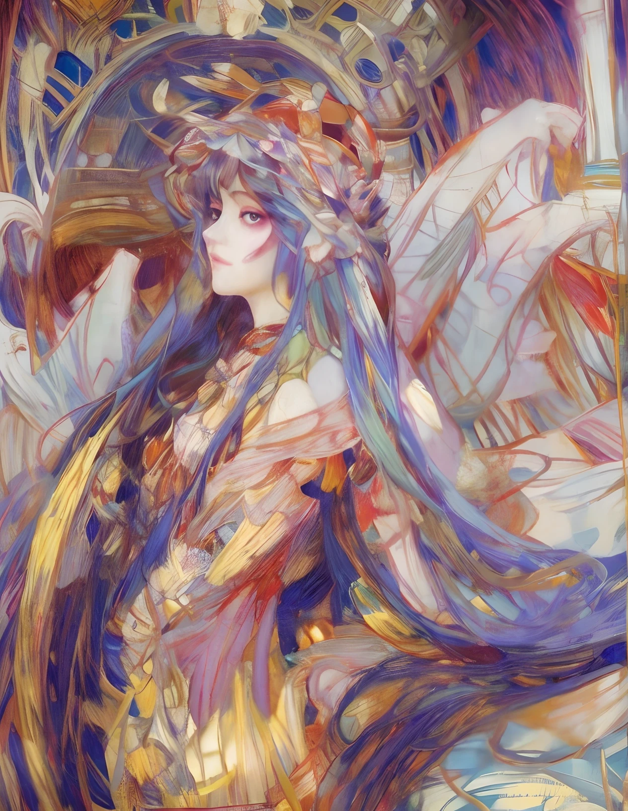 ((colorful hair)),sargent,mucha, frontage, 1girl, a beautiful anime Woman, black hair, long hair, lips, closed mouth,