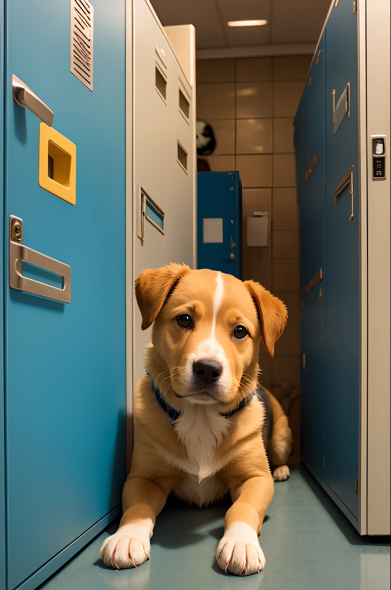 Blue and white puppy in locker room,with brown eye