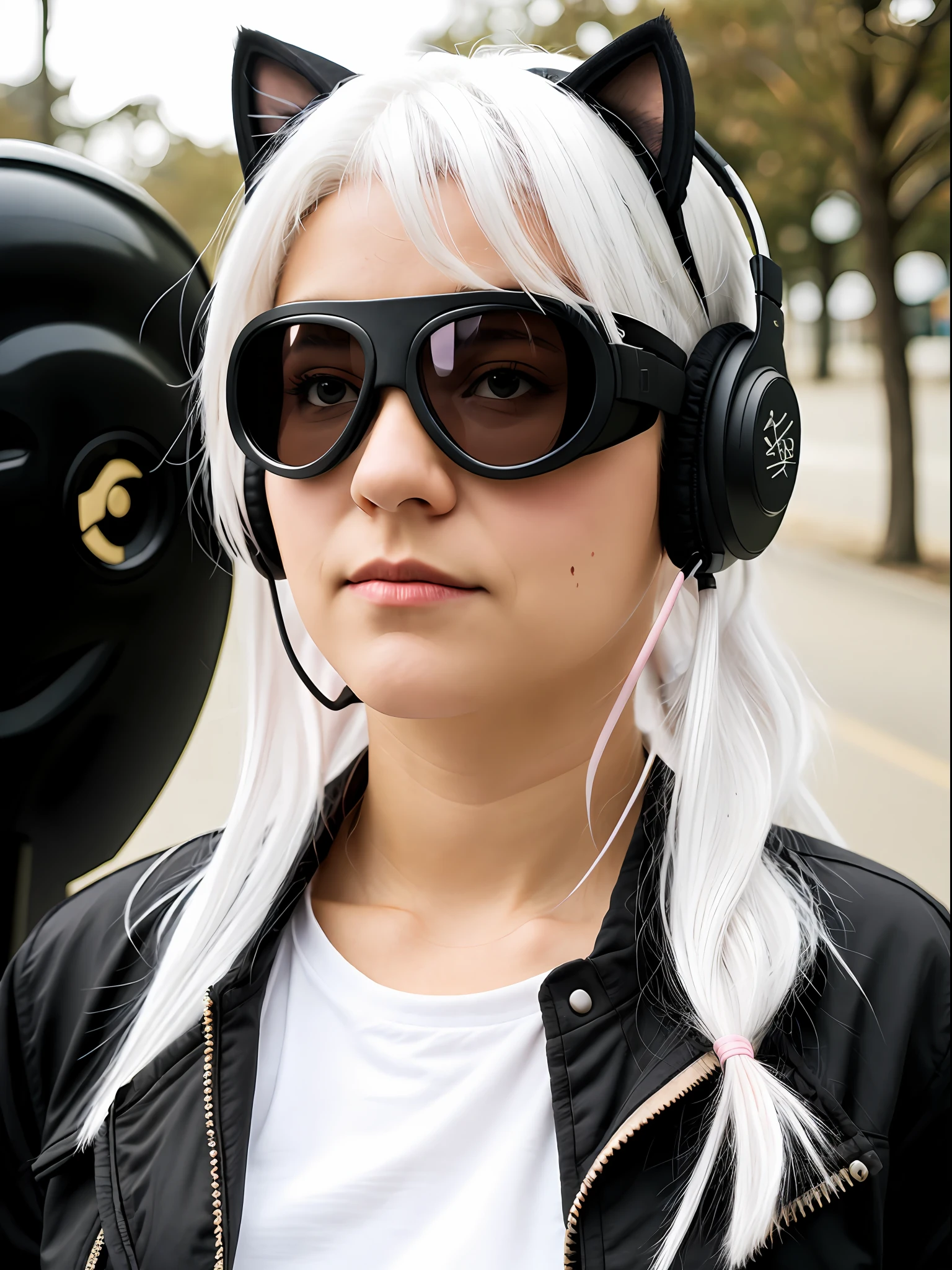 Beth,White hair,Pink eyes,Black cat ear headphones,Black goggles,Black cotton jacket,