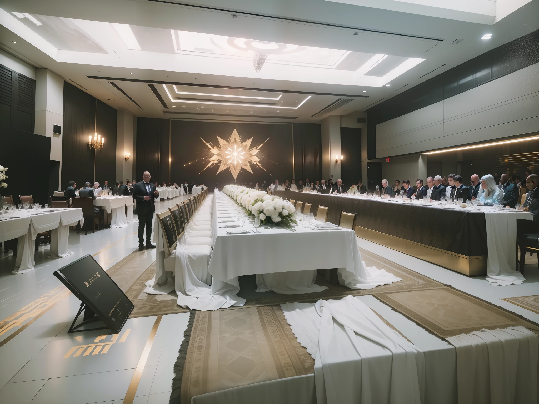 sci-fy,Banquet,8K Ultra Clear,best qualtiy,Best creation,Divine brilliance,There is texture,Meticulous,hyper-detailing,Hyper-Resolution,Many people,Wear dress,cyber punk perssonage