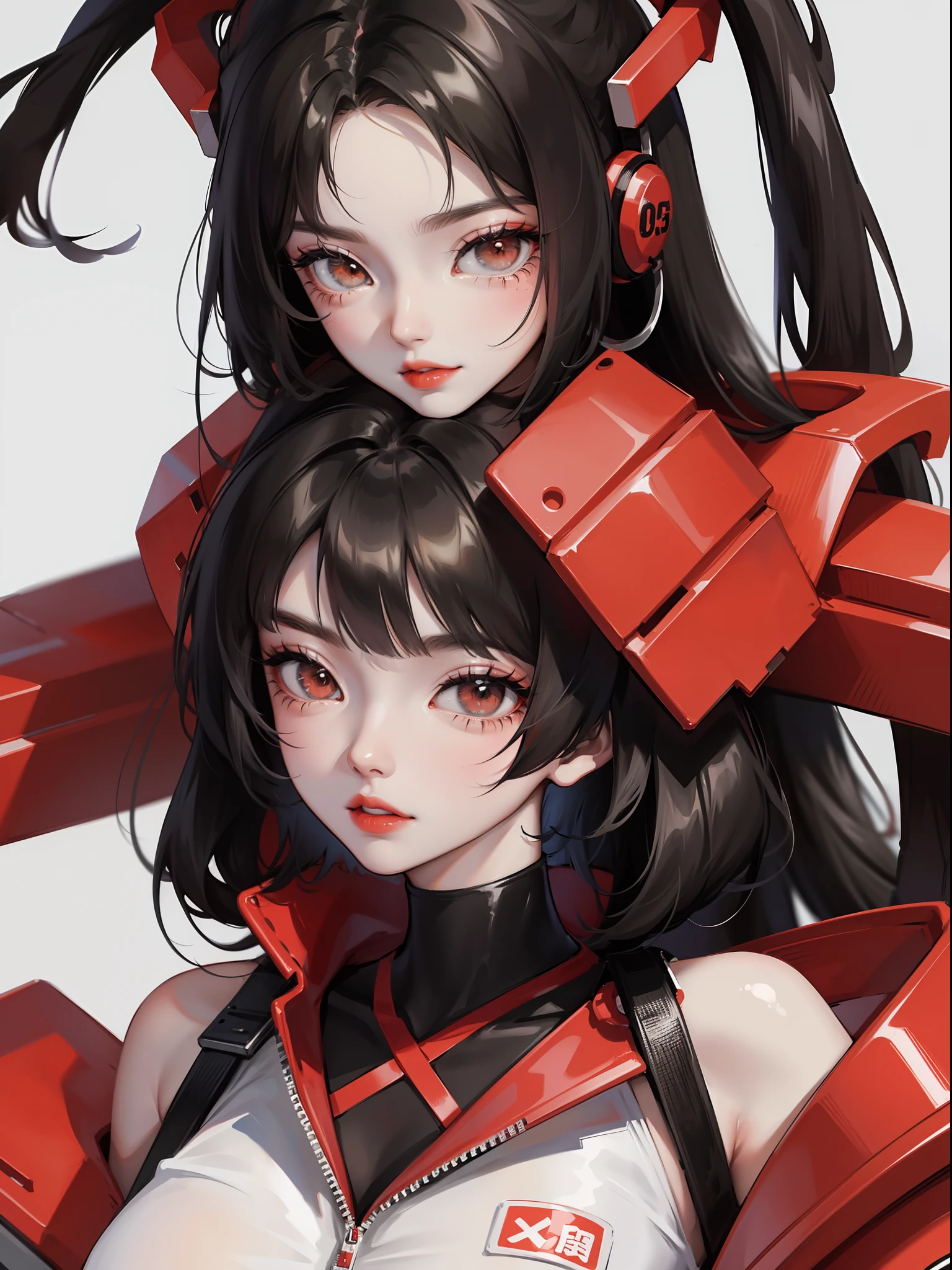 Close-up, anime girl, black tied hair, white eyes, black white and red streetwear clothes, black white and red accessories, mecha