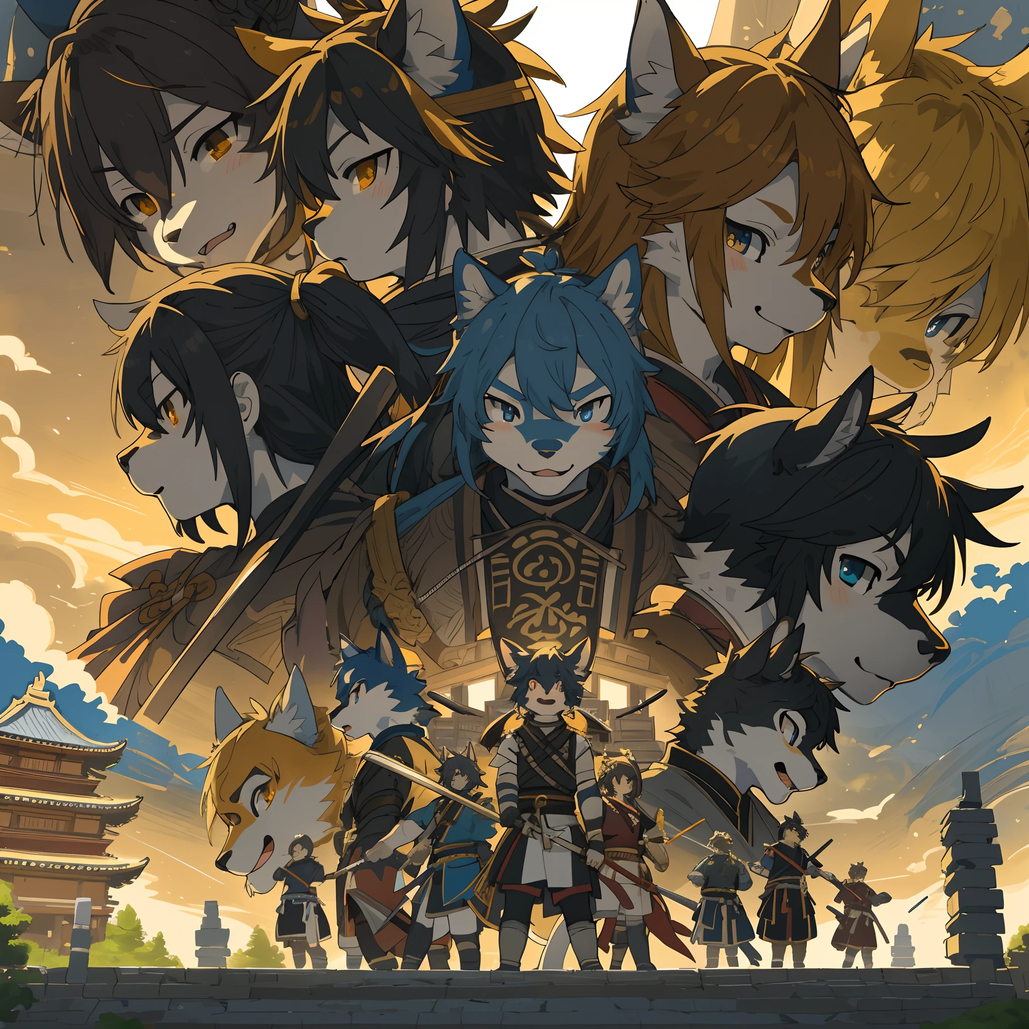 golden ratio composition, top quality, best quality, High-quality illustrations, masterpiece, super high resolution, detailed background, japanese castle, samurais, 6+boys, 6+girls, absurdres(highly detailed beautiful face and eyes)perfect anatomy, expression, good lighting, cinematic shadow(kemono, furry anthro)assorted poses, dynamic angle,