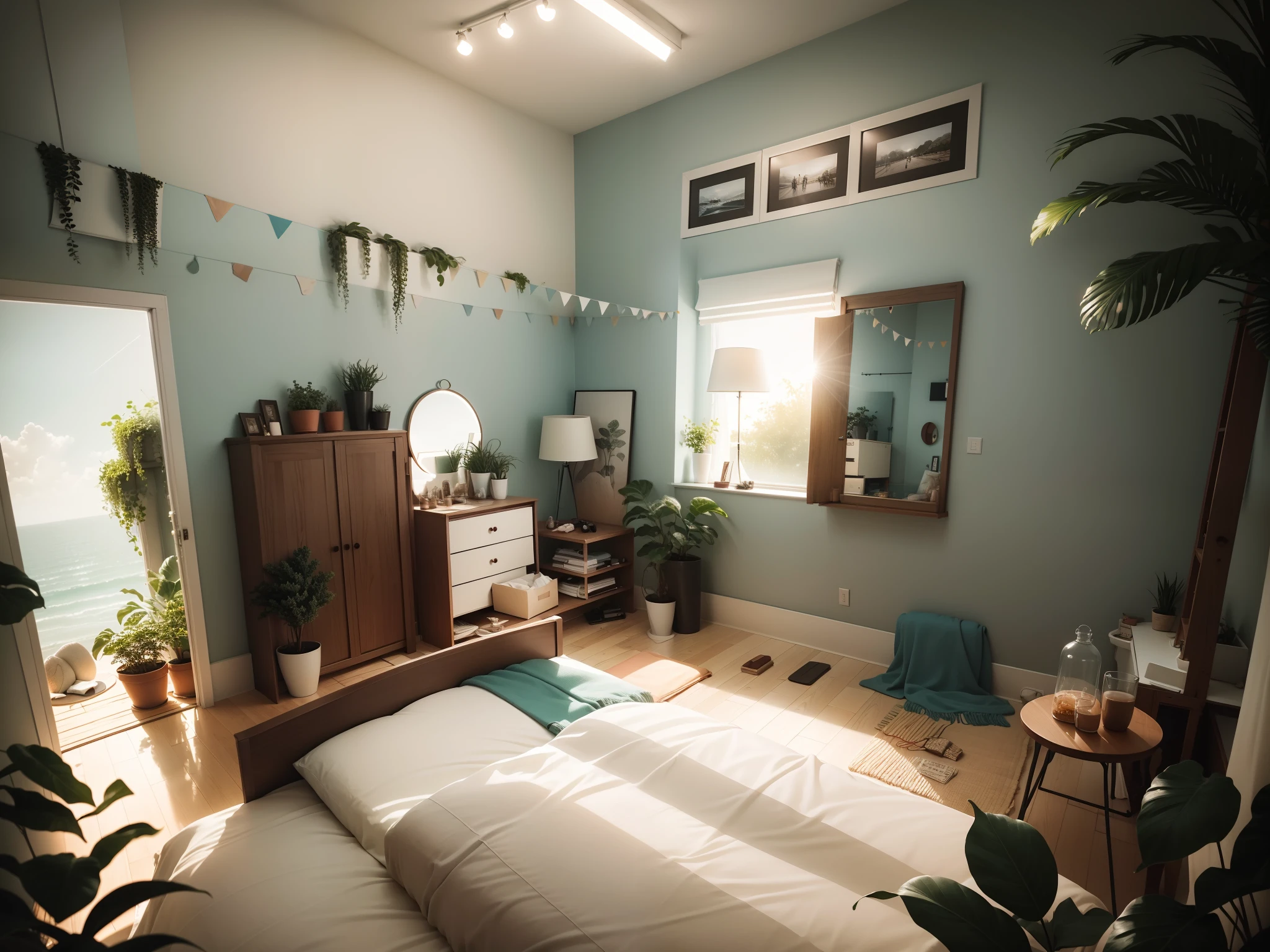 Please make a bedroom design for married couple. We only need a white couple wardrobe, king size bed, a yoga mat, a wide window and a beautiful picture of us. Don't put too much things, I want a need and tidy decorations. White theme. Less things. Don't place any plants and wall stand