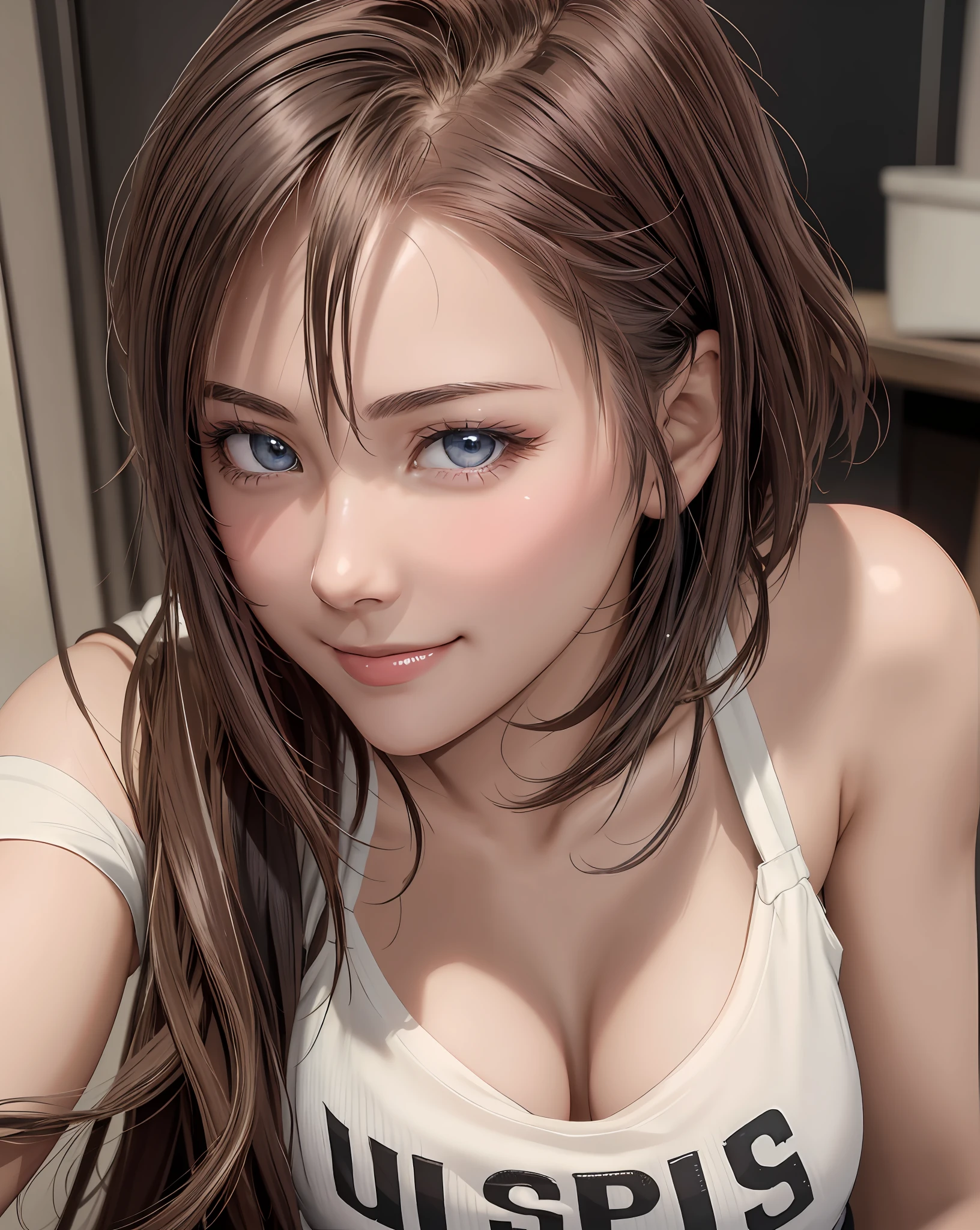 Best Quality, Ultra High Resolution, (Photorealistic: 1.4), Beautiful Eyes, Super Beautiful, Very Short Hair, Beautiful, Sweetheart, T-shirt with Rough Chest, Beautiful Soldier, Eyes That Invite Viewer, Lover's Perspective, Inviting Expression, Sexy Smile, Perfect Style, Perfect Balance, Detailed Skin, Naughty Gaze, Chest Visible