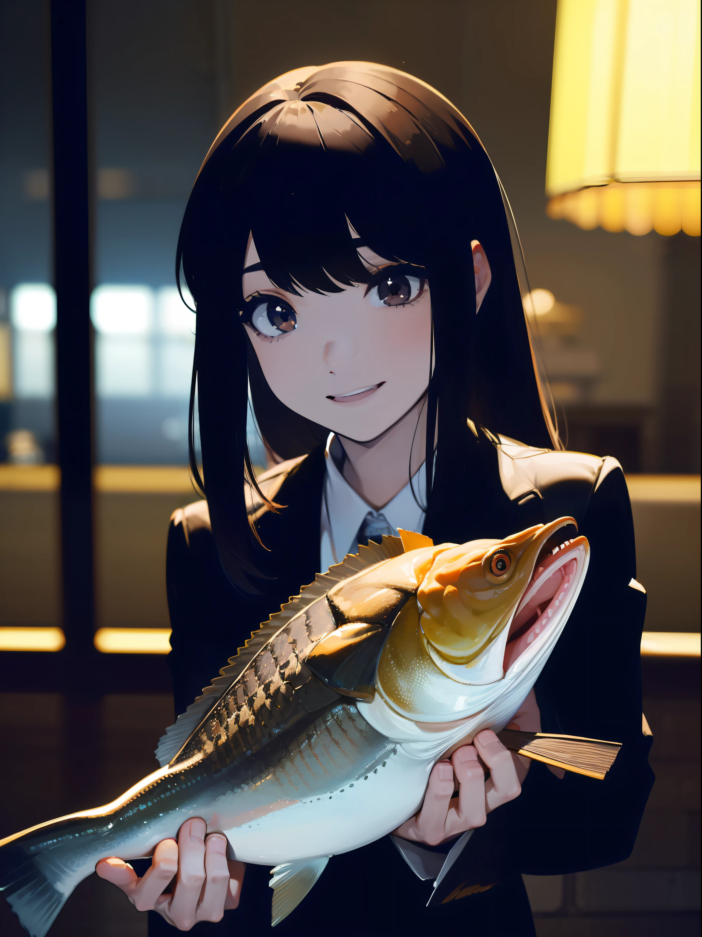 ((((Catching a big black bass by the lakeside)))),((Best Quality, masutepiece :1.3)),((( Large Mouth Bass))),hight resolution,ultra-detailliert,Beauty and aesthetics,masterpiece,best qualtiy,(1 Japanese woman),Black hair, long eyeslashes, Solid Circle Eyes, smile, drop shadow, Atmospheric perspective,Super Detail, ccurate, small brest,(Black jacket :1.1),top-quality, absurderes:1.2, blurry backround, bokeh dof:1.2, a picture, (masterpiece:1.3), (intricate detailes:1.2), Atmospheric perspective,Super Detail, ccurate,