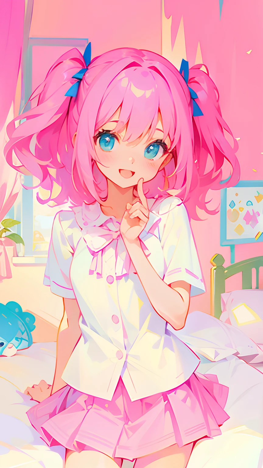 beautiful illustration, best quality, cute girl, bedroom, pink hair, happy, miniskirt, white blouse, two side up
