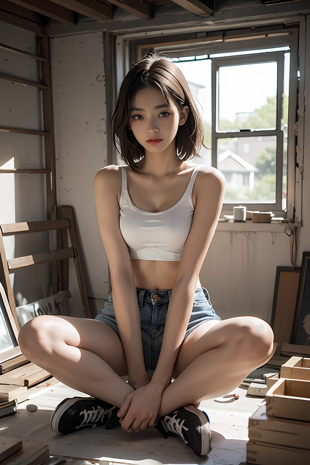 Girl in white bra and tight denim skirt posing for photo, full body, legs spread, with cut T-shirt, bra, slim body, smaller bust, slim girl model, 24-year-old female model, lying on the construction site, a group of black men onlooking