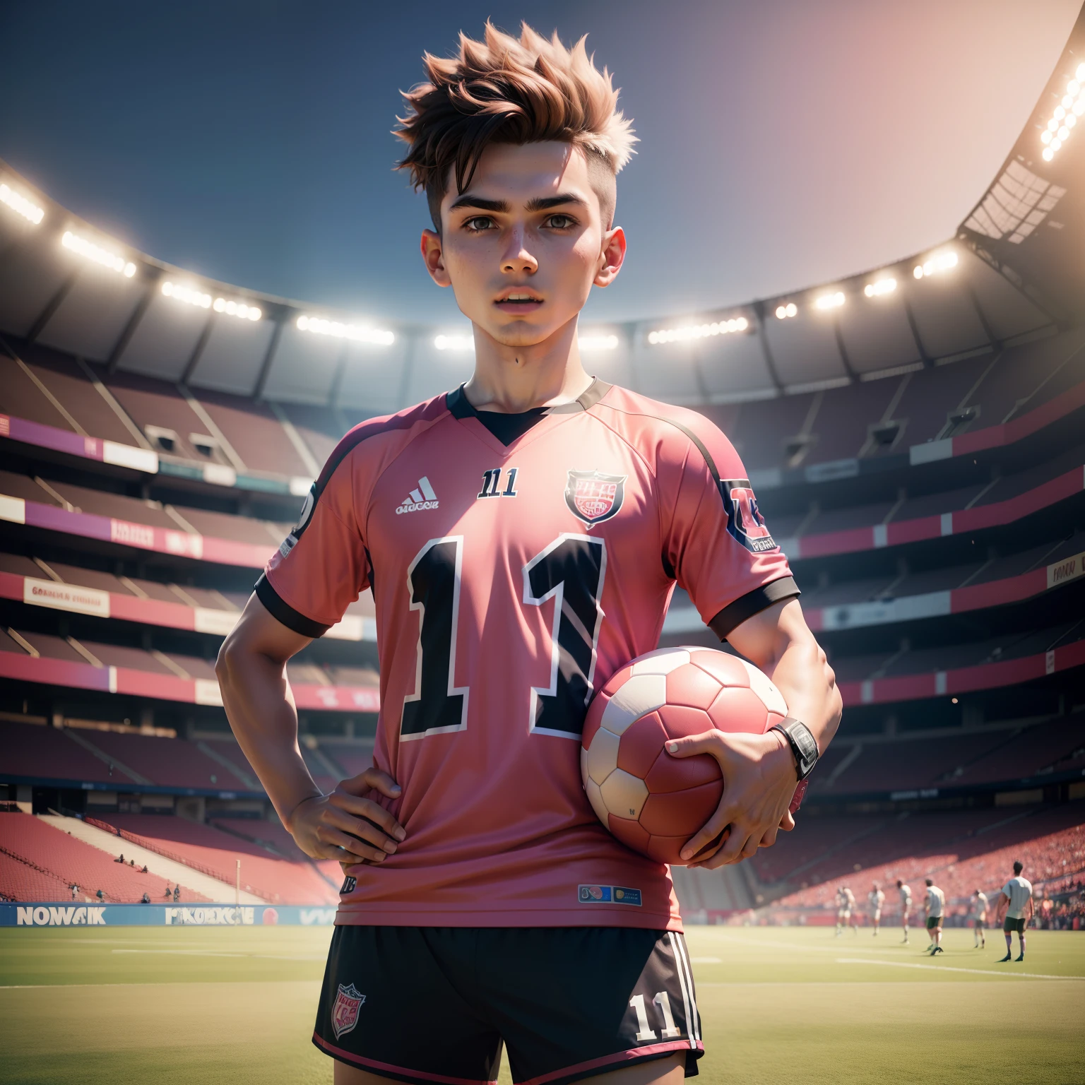 Get the 11 player football boy with pink Jersey and the goalkee 3D professional photography