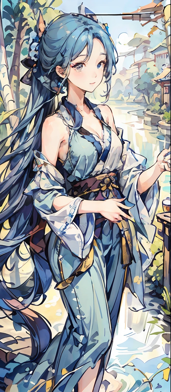 Masterpiece, Best Quality, Official Art, 8k Wallpaper, Very Detailed, Illustration, 1 Girl, Sky Blue Hair, Long Hair, Detailed Eyes, Forrest Gump, Bare Shoulders, Hanfu, Lake, Pure, Soft Smile, bamboo, tea