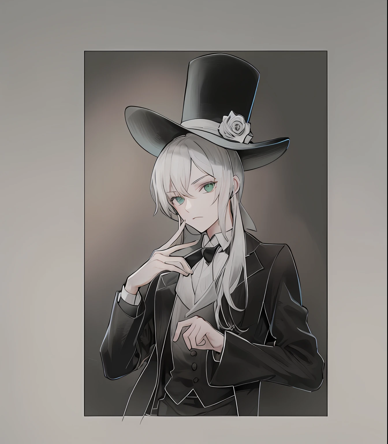 Black hat on the head, There is a white rose on the hat, black suit jacket, White lining, Green eyes, and silver hair