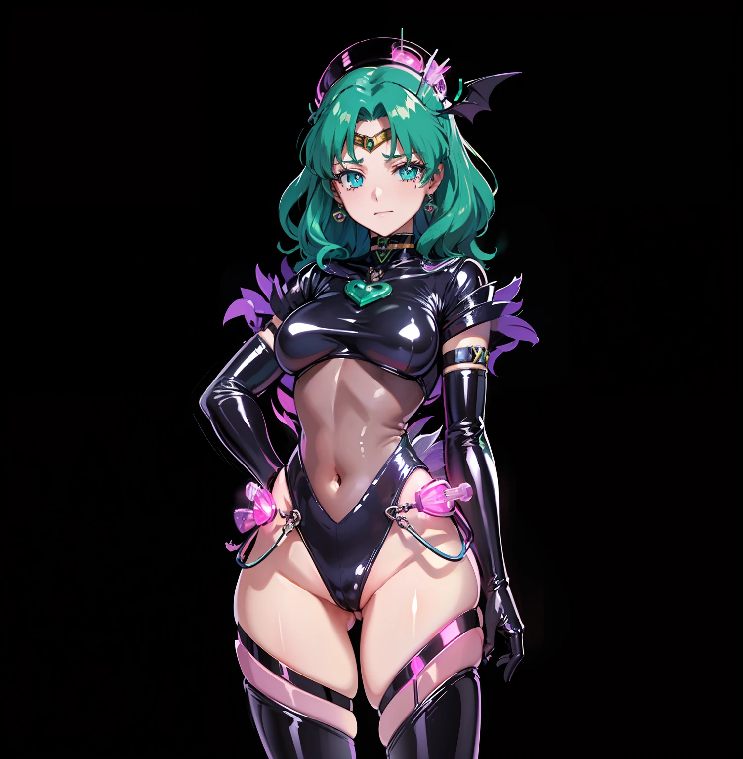 a closeup, 1girl in, Sailor Neptune, aqua eyes, Dark green hair, Medium Hair, (Body tights, Black latex long gloves and boots, Aqua-colored lines on the body, Heart Nipple Less, The navel is visible, Tattoo of the lower abdomen:1.1), Eyes without light, grin, Black ornament on forehead, Bat feather hair ornament, Spread your legs apart, Mechanical chair,Sit on a pipe that glows pink , top-quality, ​masterpiece, hight resolution, intricate detailes, ((realisitic)), black latex gloves, medium breasts⁩, chastity belt, natta