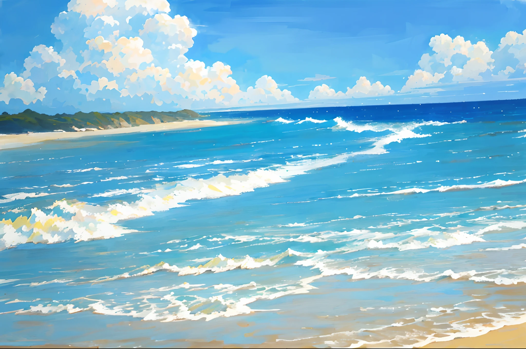 seaview，painterly style，Thick coating，Perfectcomposition，sandbeach，ultra-clear，with blue sky and white clouds，Soft neutral colors