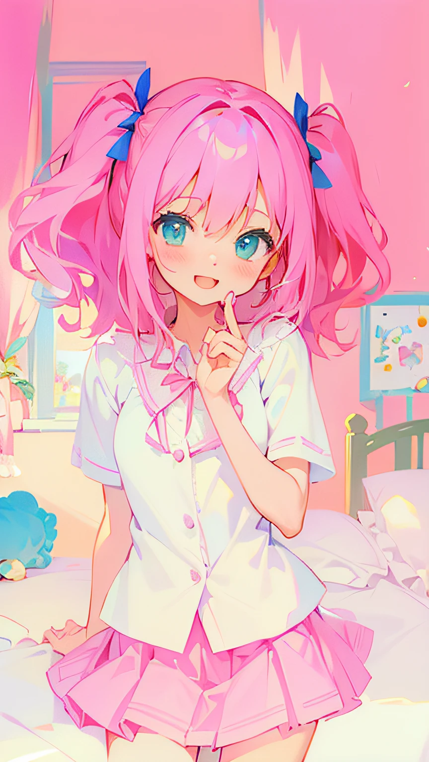 beautiful illustration, best quality, cute girl, bedroom, pink hair, happy, miniskirt, white blouse, two side up