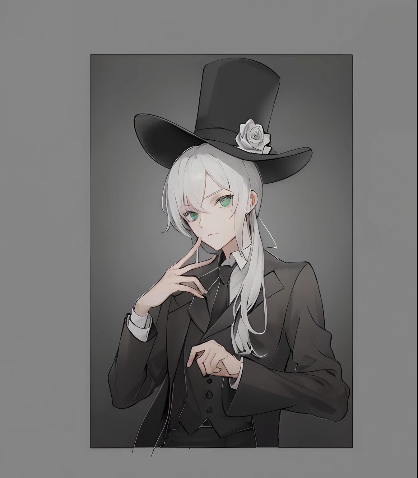 Black hat on the head, There is a white rose on the hat, black suit jacket, White lining, Green eyes, and silver hair