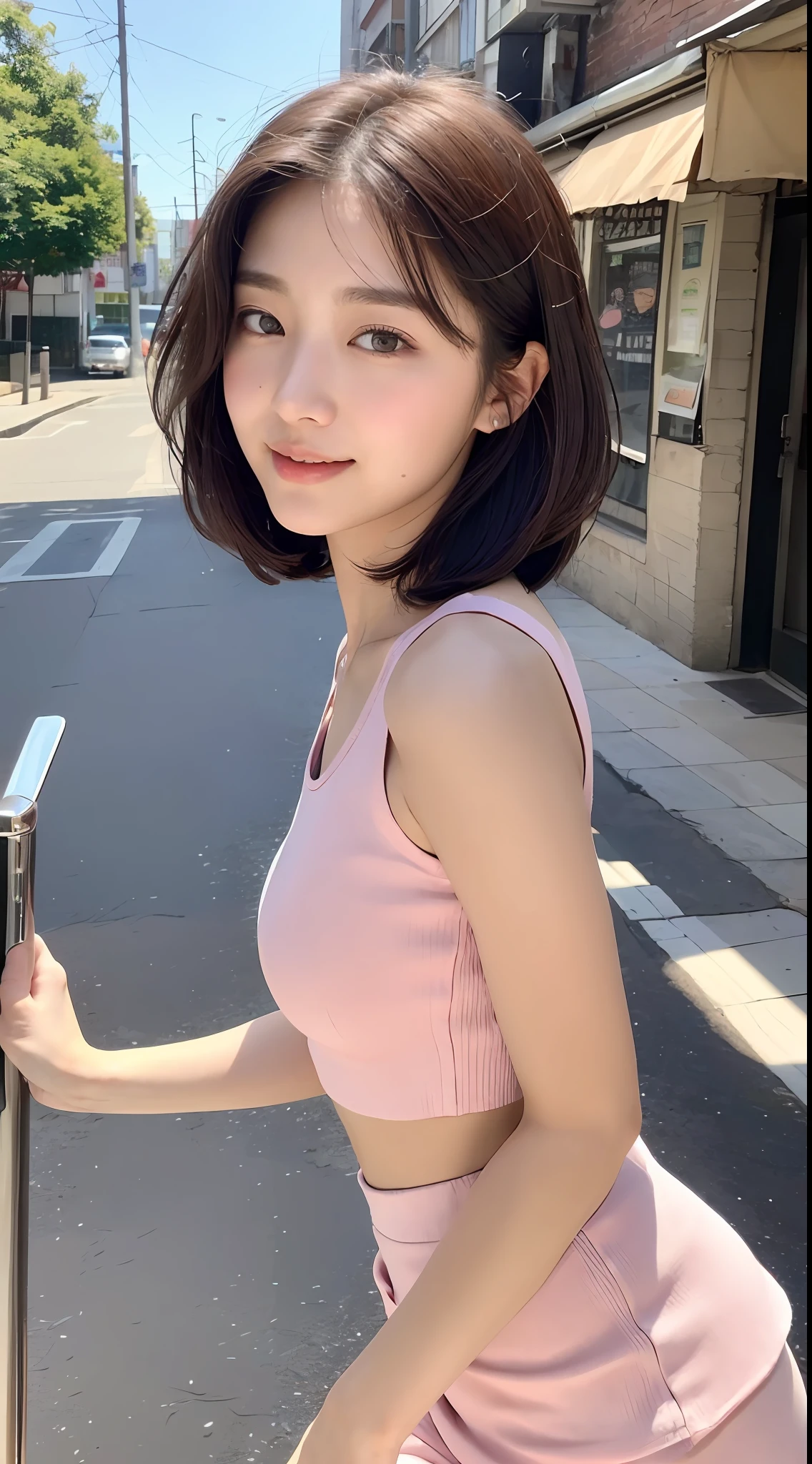 ((best qualtiy,8K,tmasterpiece:1.3)),Beautiful Women with Perfect Figure:1.4,glute:1.2,(Layered Hair Style:1.2)),(the street:1.3),Highly Detailed Face and Skin Textur,full bodyesbian,Elaborate Eyes,二重まぶた,Whitens the skin,Short wave hair,Cute Korean beauty(with a round face:1.5),(Pink top,short skirt:1.6)ssmile