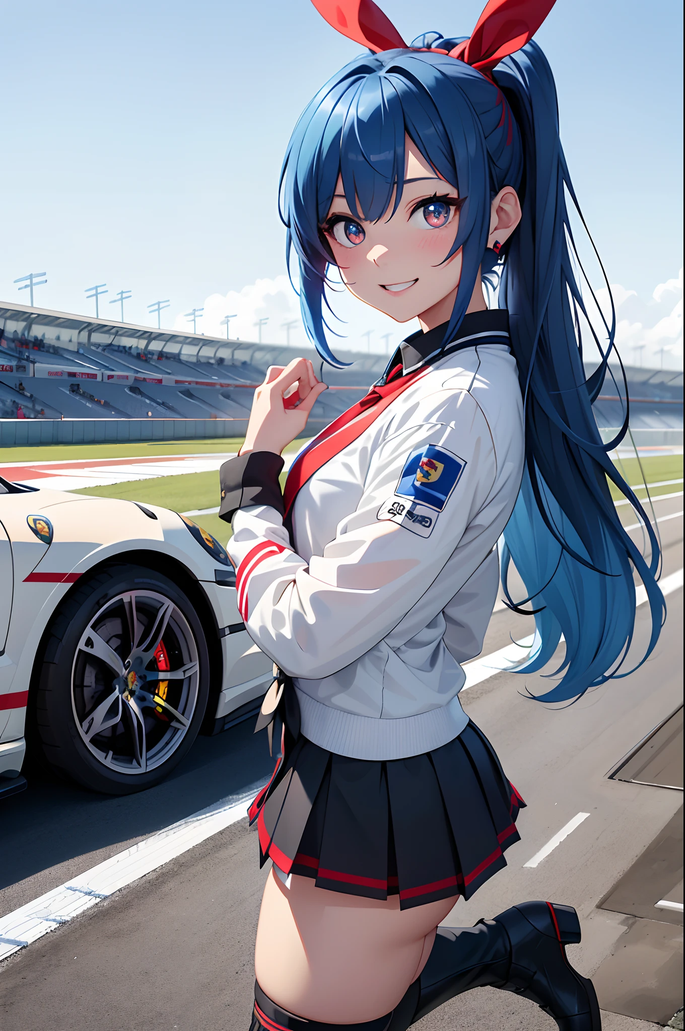 (top-quality、raw、in 8K、32K、masterpiece、UHD、ighly detailed、Photorealsitic:1.2)、Full body, (Circuit field、sports car on the background、Porsche 911:1.6)、sunlights、deep-shadows、Realistic pupils、Sharp pupils、detailed faces and eyes、beauitful face、18Old Beautiful Girl、shinny skin, Beautiful blue hair、Twin-tailed、Red Eyes、beauitful face、Japan Grand Prix Race Girl、a miniskirt、Wearing boots、Tie your hair with a big red ribbon、Curve、dynamicposes、Opens mouth and laughs、PastelColors、