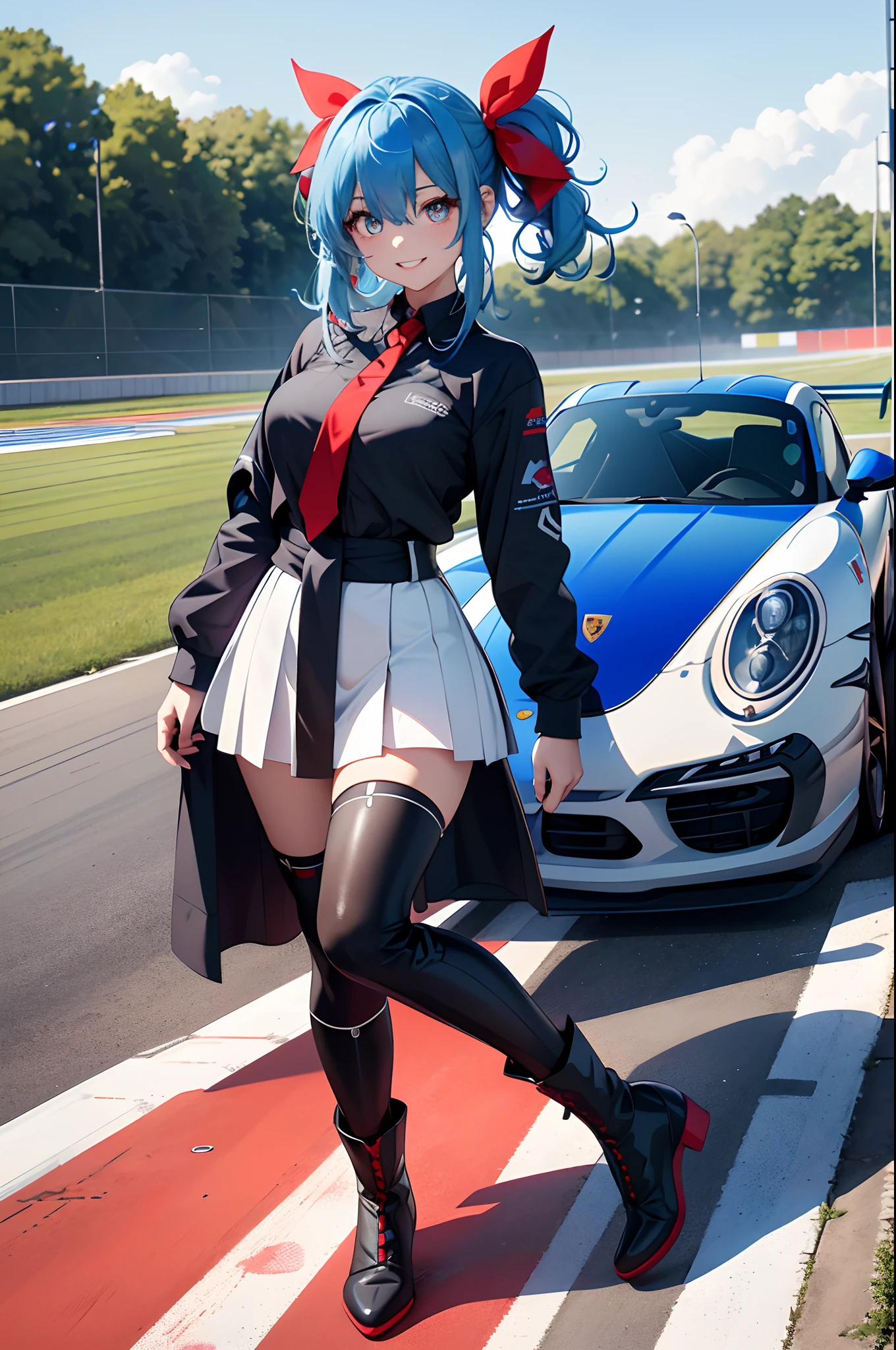 (top-quality、raw、in 8K、32K、masterpiece、UHD、ighly detailed、Photorealsitic:1.2)、Full body, (Circuit field、sports car on the background、Porsche 911:1.6)、sunlights、deep-shadows、Realistic pupils、Sharp pupils、detailed faces and eyes、beauitful face、18Old Beautiful Girl、shinny skin, Beautiful blue hair、Twin-tailed、Red Eyes、beauitful face、Japan Grand Prix Race Girl、a miniskirt、Wearing boots、Tie your hair with a big red ribbon、Curve、dynamicposes、Opens mouth and laughs、PastelColors、