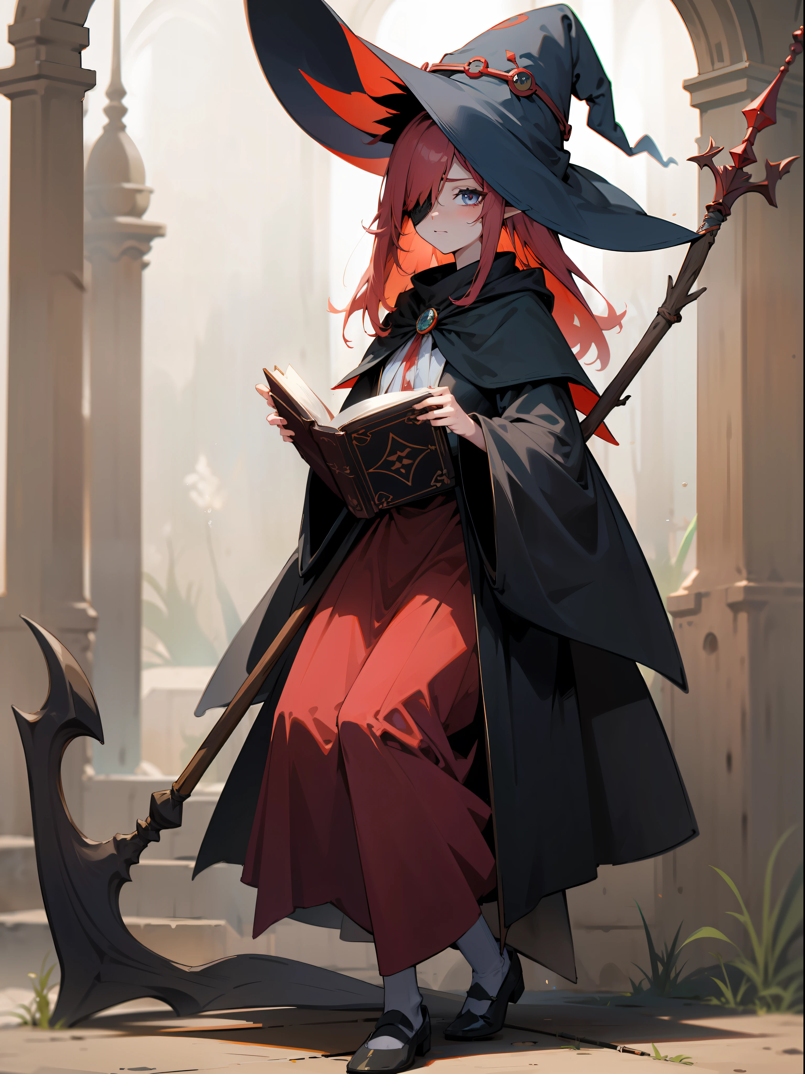 Elven girl in red magician's clothes, witch's hat, eyepatch on one eye, witch's staff, witch's magic book, whole body