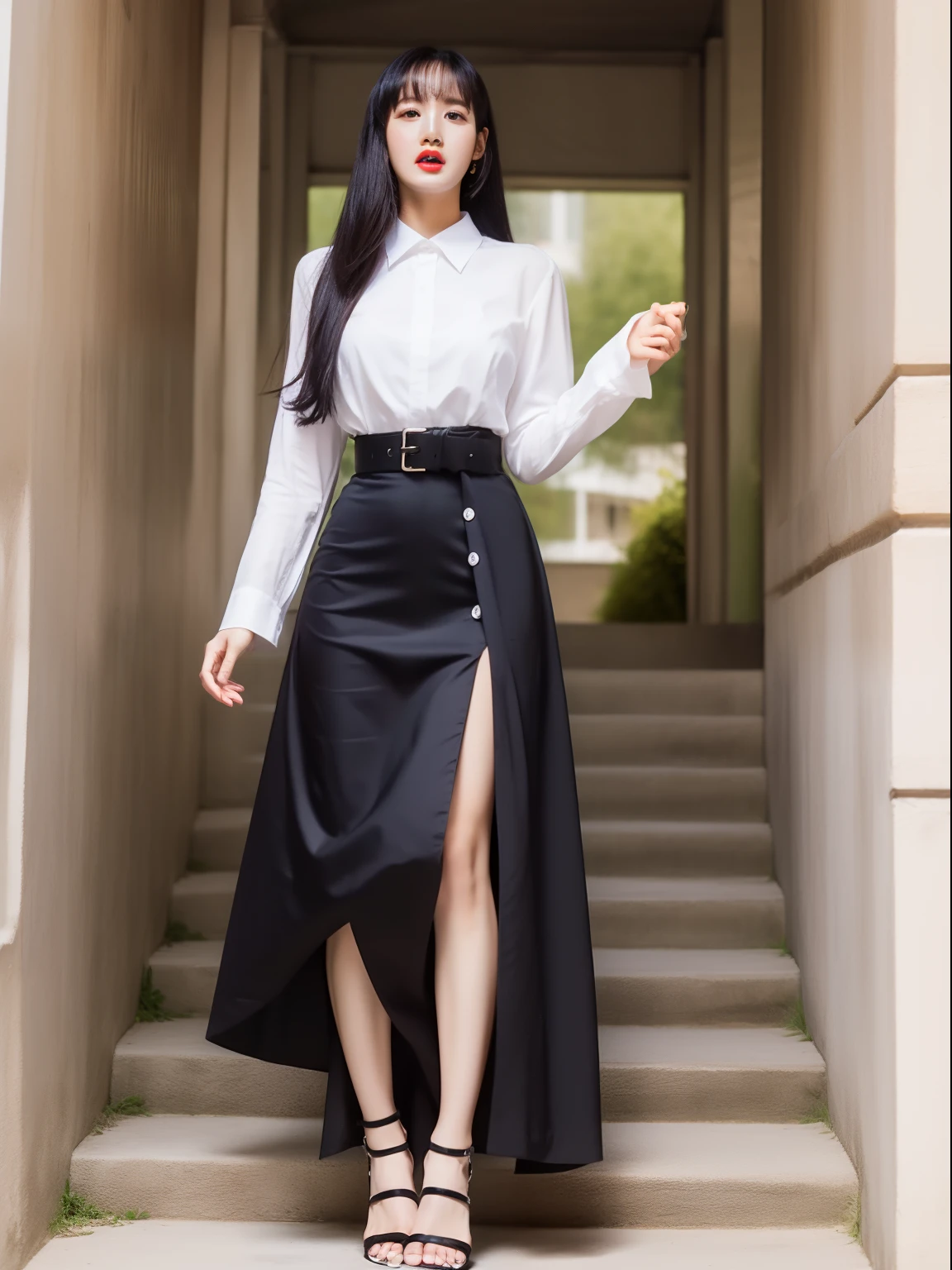 a white long skirt，Liu Yifei，Stand on a hill，Black waist-length hair，Melon seed face，Pure