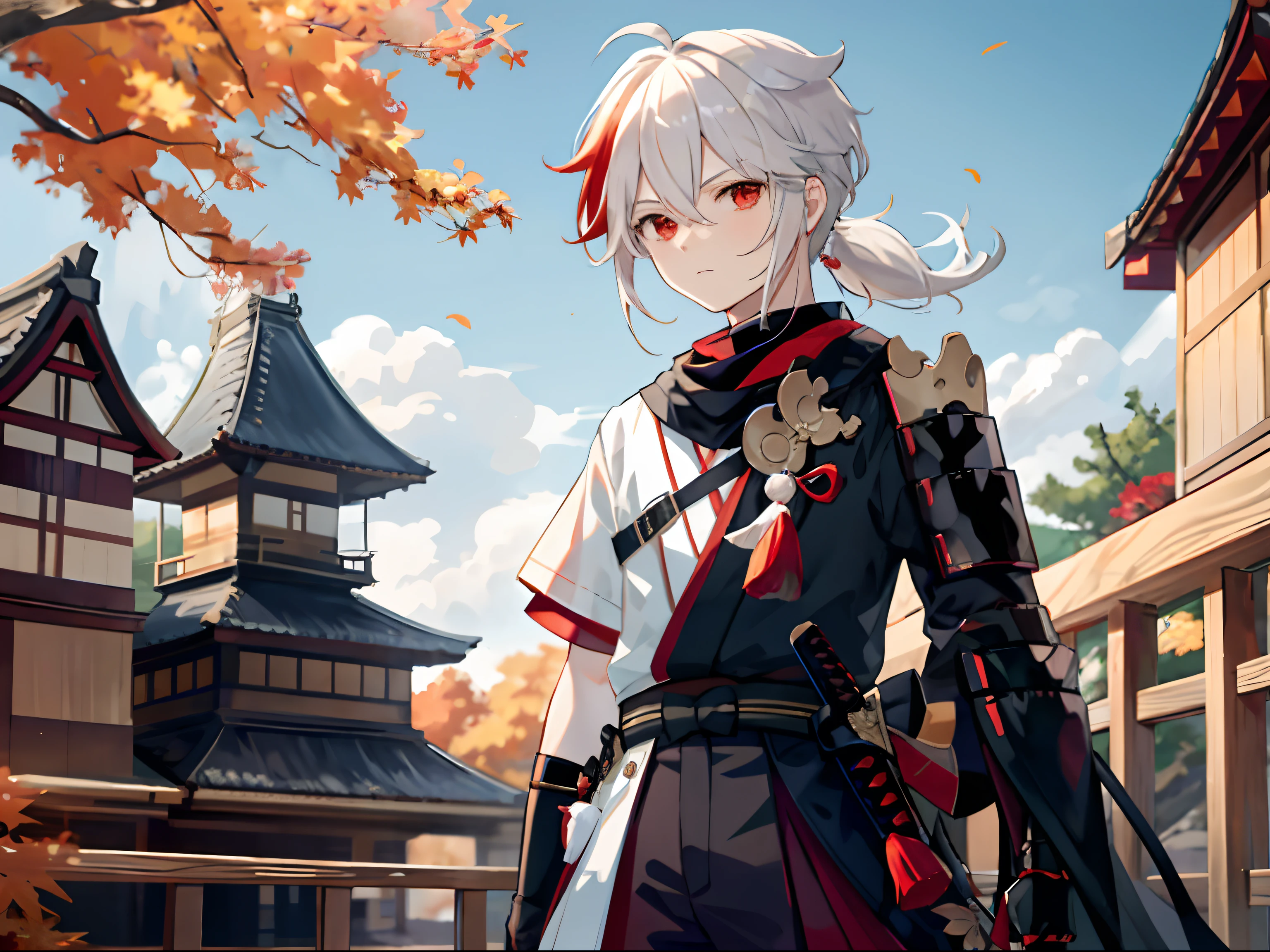 masterpiece, best quality, maple manyo, male focus, 1boy, solo, red eyes, bangs, multicolored hair, japanese clothes, striped hair, red hair, hair between the eyes, weapon, sword, armor, japanese armor, white hair, shut up, ponytail, outdoors, tassel, looking at the audience, castle tower, (kbxll:0.6)