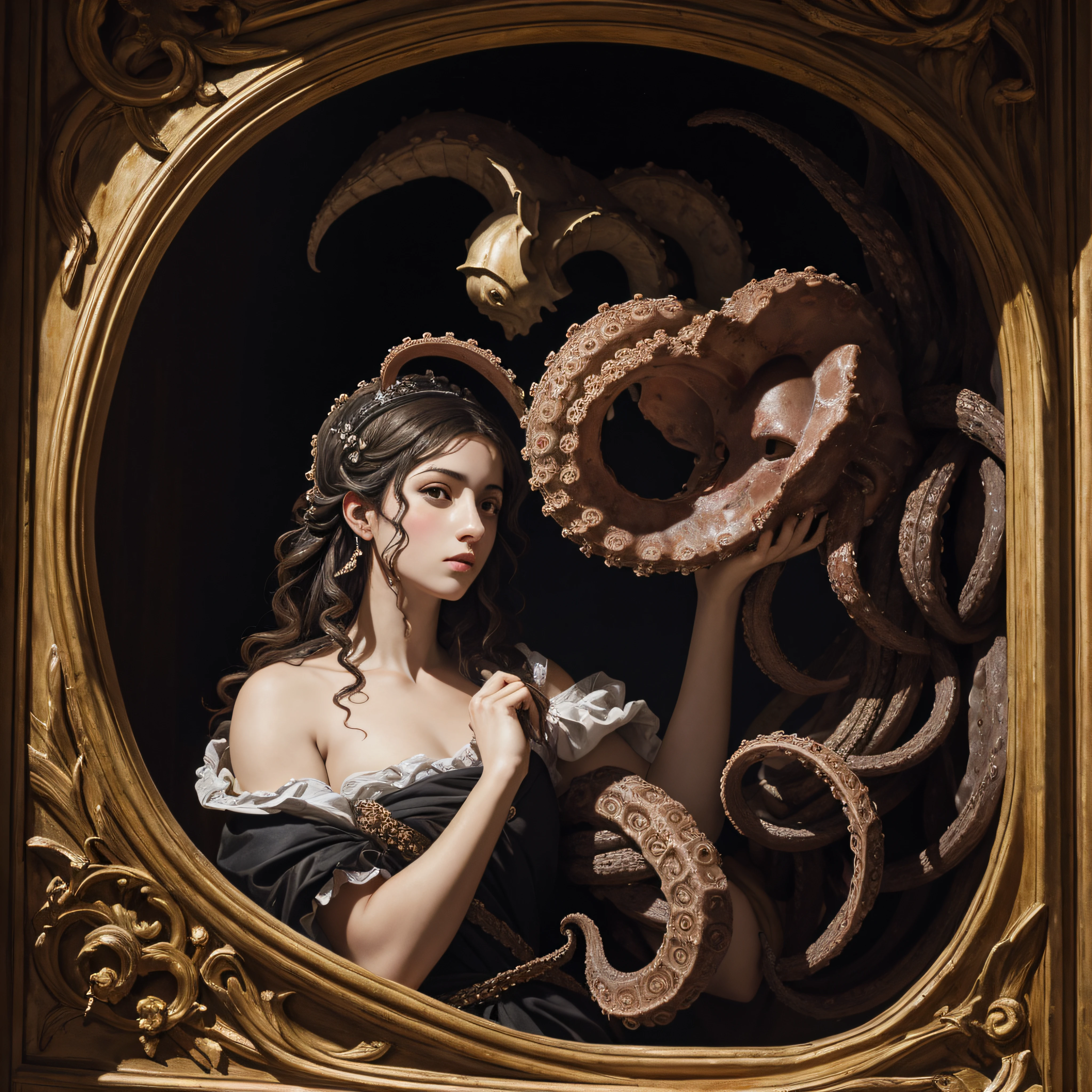 (extremadamente detallado, obra maestra, La mejor calidad), Estilo oscuro, intense illumination. templario. armadura medieval, rostro con arrugas, lengua larga, tentacle, deforme, imagen submarina, pico de pulpo amenazante. manchas de tinta. Rococo composition. Luz de caravaggio