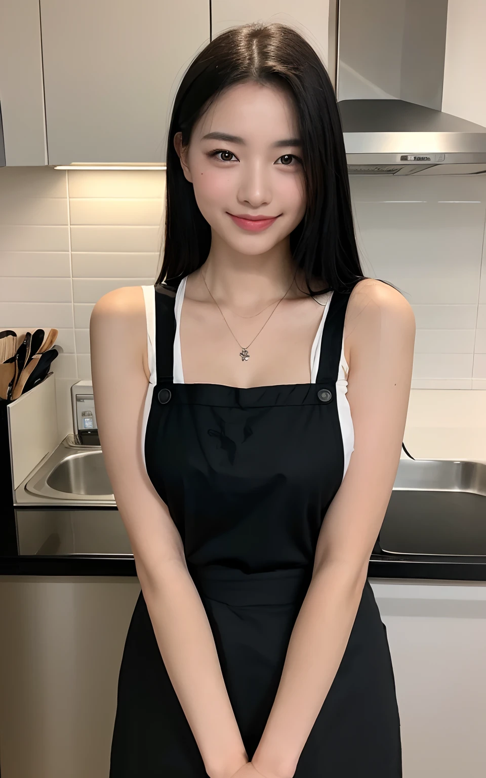 （best qualtiy，8k，tmasterpiece：1.3），A beautiful woman with a perfect figure：1.4，black color hair，，Wear a pendant，wearing apron，at the kitchen，highly detailed face and skin，Detailed eyes，二重まぶた，huge tit，ssmile