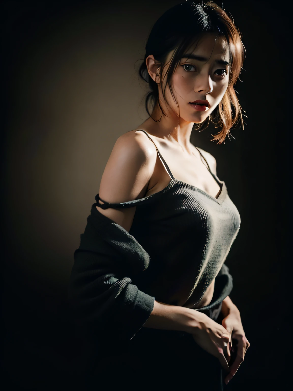 Best quality, masterpiece, ultra high res, (photorealistic:1.5), raw photo, 1girl, offshoulder, in the dark, deep shadow, low key, cold light, sexy look, short hair