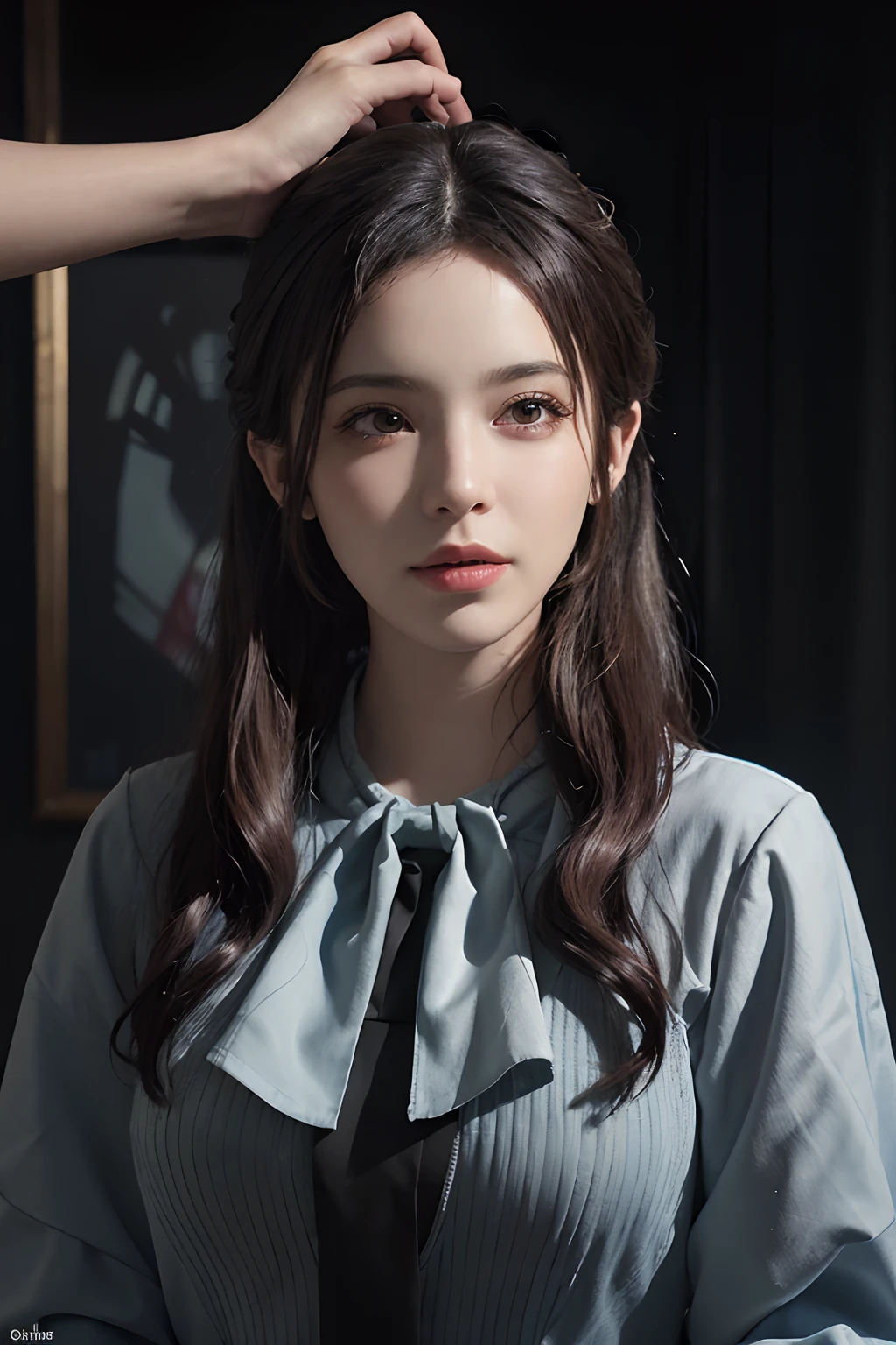 Surrealist female portraits by David Hockney and Alphonse Mucha, fantasy art, photorealism, dynamic lighting, artstation, poster, volumetric lighting, very detailed faces, 4k, award-winning, 1girl, in the dark, deep shadows, understated, (formalwear: 1.4), long hair, gray hair,