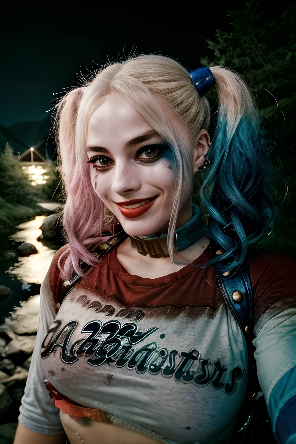 1girl, harleyquinn, twintails, multicolored hair, ((upper body selfie, happy)), masterpiece, best quality, ultra-detailed, solo, outdoors, (night), mountains, nature, (stars, moon) cheerful, happy, mountain boots, gloves, flashlight, forest, rocks, river, wood, smoke, shadows, contrast, clear sky, analog style, (look at viewer:1.2), (skin texture), (film grain:1.3), (warm hue, warm tone :1.2), close up, cinematic light, sidelighting, ultra high res, best shadow, RAW, upper body, wearing pullover