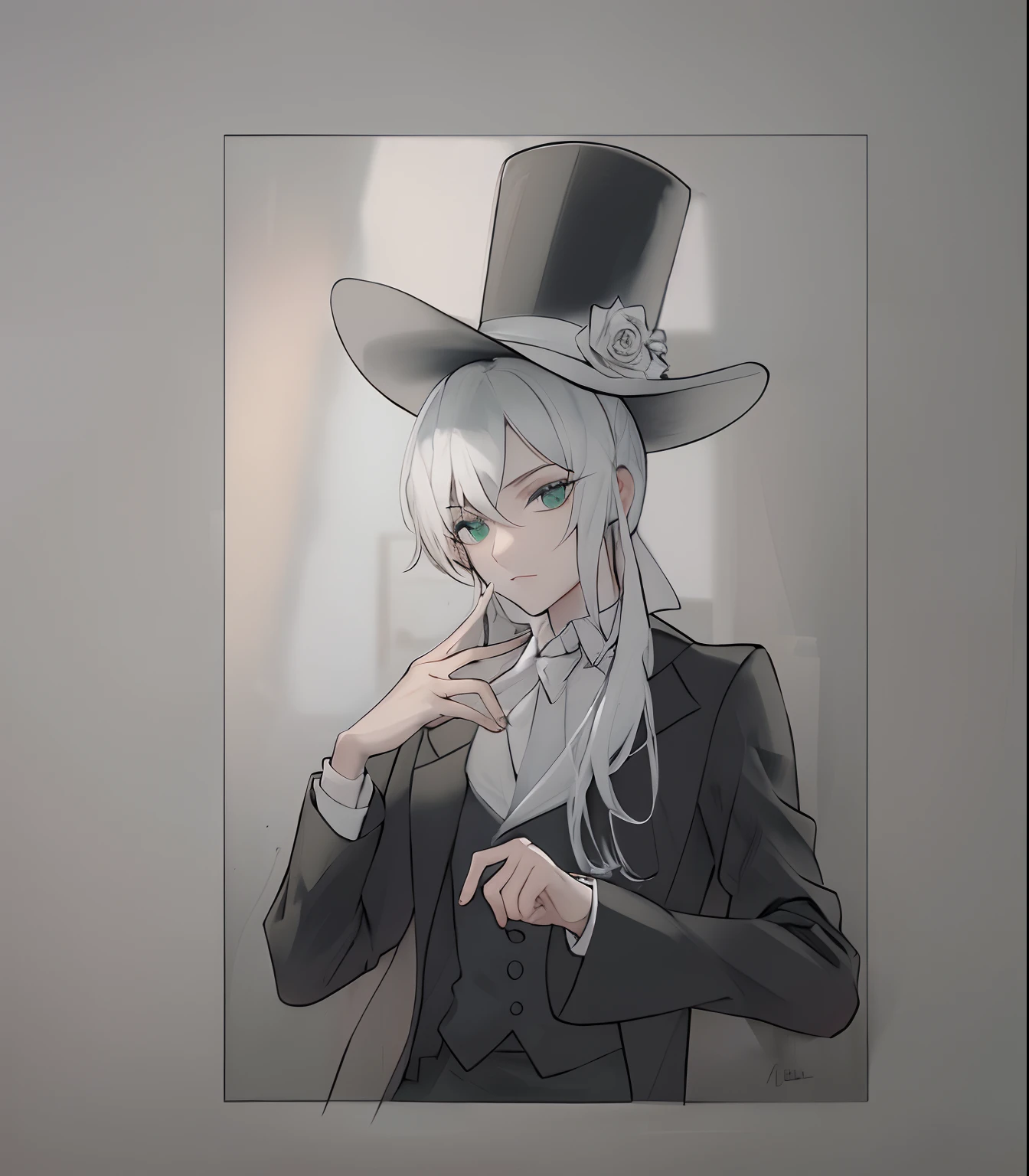 Black hat on the head, There is a white rose on the hat, black suit jacket, White lining, Green eyes, and silver hair