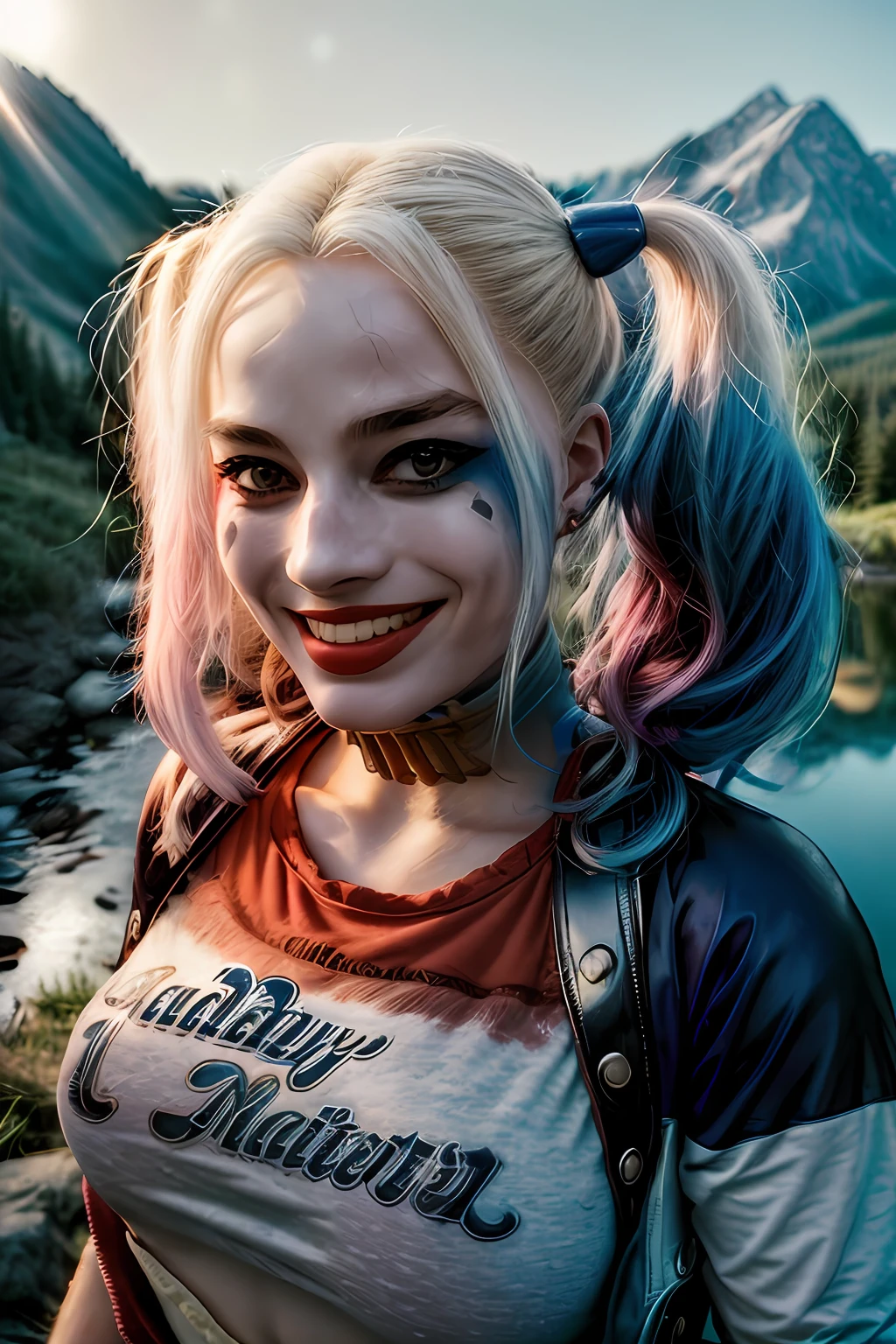 1girl, harleyquinn, twintails, multicolored hair, ((upper body selfie, happy)), masterpiece, best quality, ultra-detailed, solo, outdoors, (night), mountains, nature, (stars, moon) cheerful, happy, mountain boots, gloves, flashlight, forest, rocks, river, wood, smoke, shadows, contrast, clear sky, analog style, (look at viewer:1.2), (skin texture), (film grain:1.3), (warm hue, warm tone :1.2), close up, cinematic light, sidelighting, ultra high res, best shadow, RAW, upper body, wearing pullover