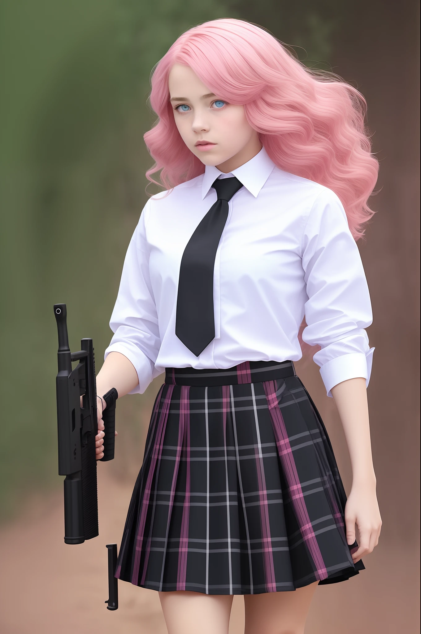 A pink-haired,quadratic element,Heterochromic pupils, one blue and one pink,s girl,Black plaid skirt,long whitr hair,White tie shirt,Left-handed pink shotgun,Black explosion-proof shield in the right hand,Slouching,Gape