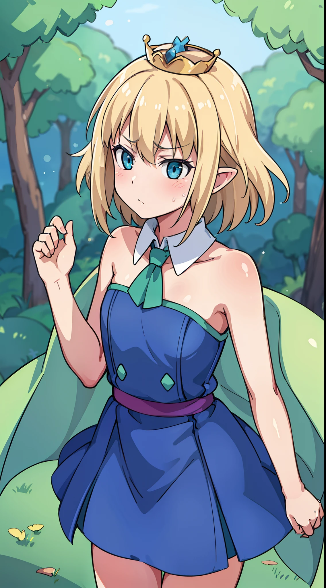 hiquality, tmasterpiece (One  girl, pixie) Princess. Little Crown. Cute frown face, blonde hair. blue eyes – green hunting cloak. On the outskirts of the forest.