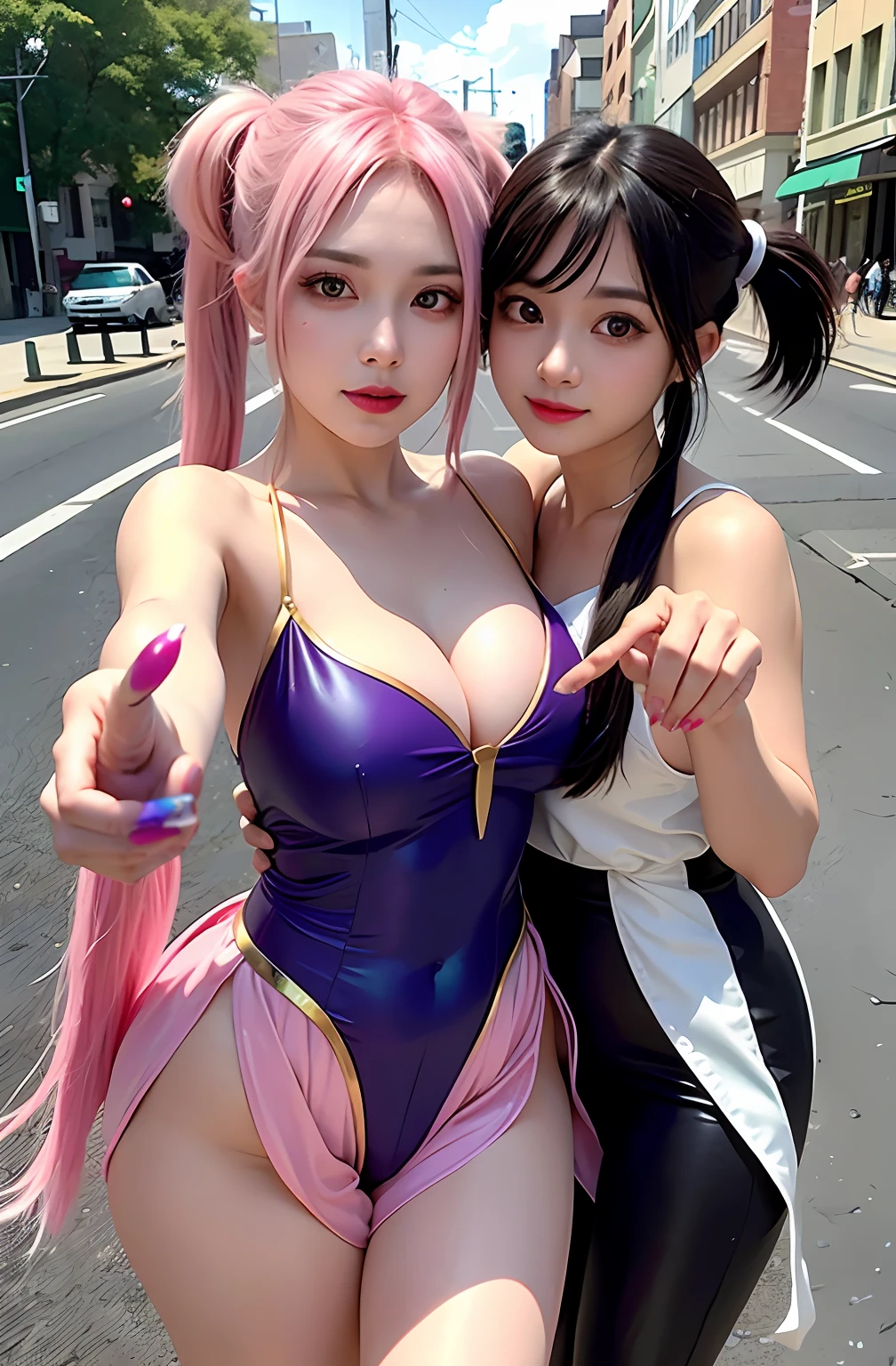 shukezouma, rendering by octane, hdr, (ultra - detailed:1.15), (Soft light, Sharp:1.2), (((duo,Two women in costume take selfies on the street,colorful pigtail, anime cosplaying,))),Beautiful girl, hyper detail eyes, mature, Painting drops, paint teardrops, woman made up from paint, entirely paint, splat, Splash, Long colored hair,paint bulb,paint drops, Exposed shoulders, Tears,shoulders are visible, Thighs exposed, seminude, focus onface, Beautiful face, eye shadows, Dark circle contour,mascara, Beautiful, 18yr old