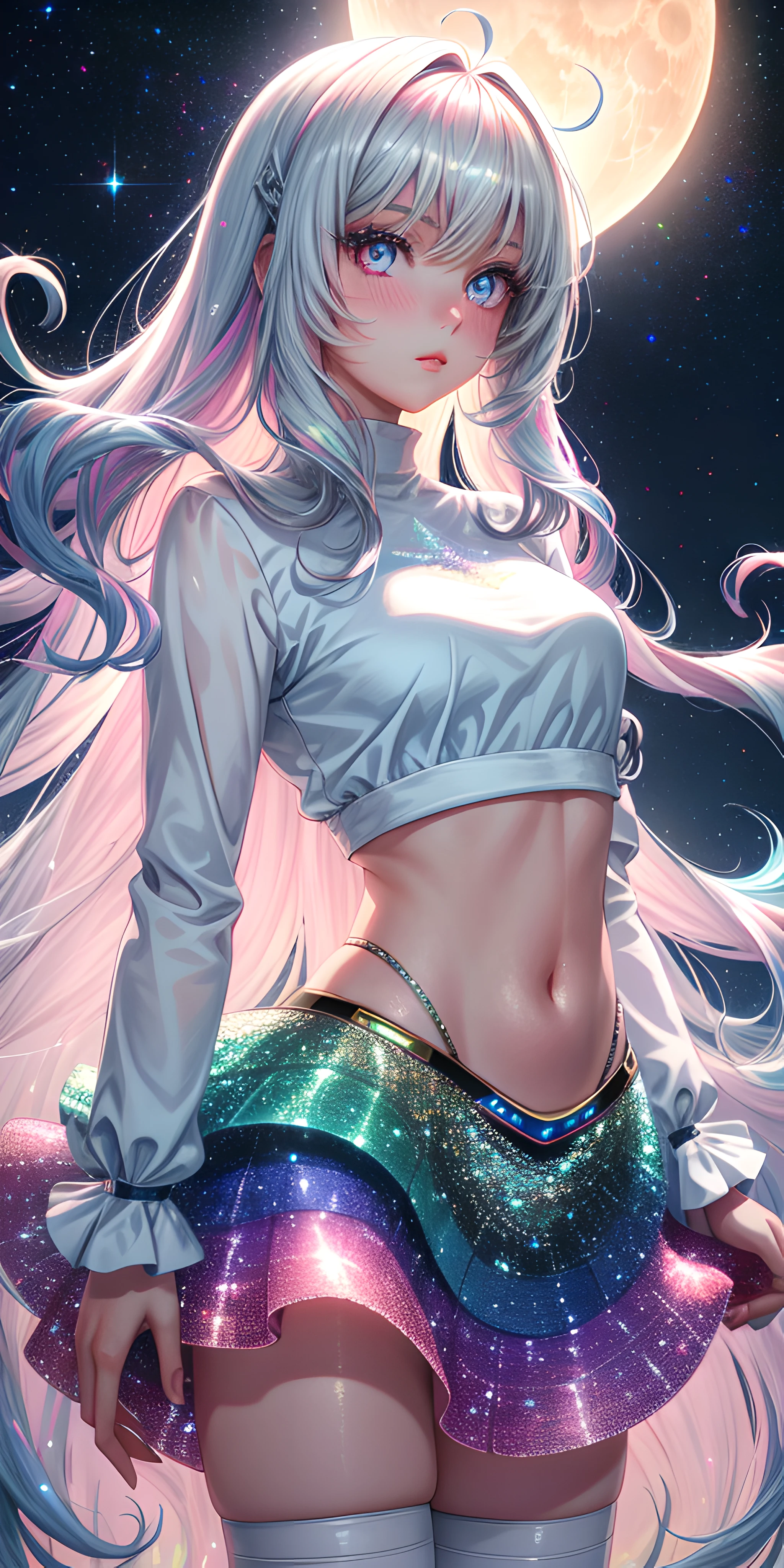 realistic, 1girl, holographic long wavy hair, heterochromic eyes, glowing eyes, holo crop top, holo skirt, parted lips, blush, moon, night, white roses, pastel pink,pastel blue tetradic colors, glitter