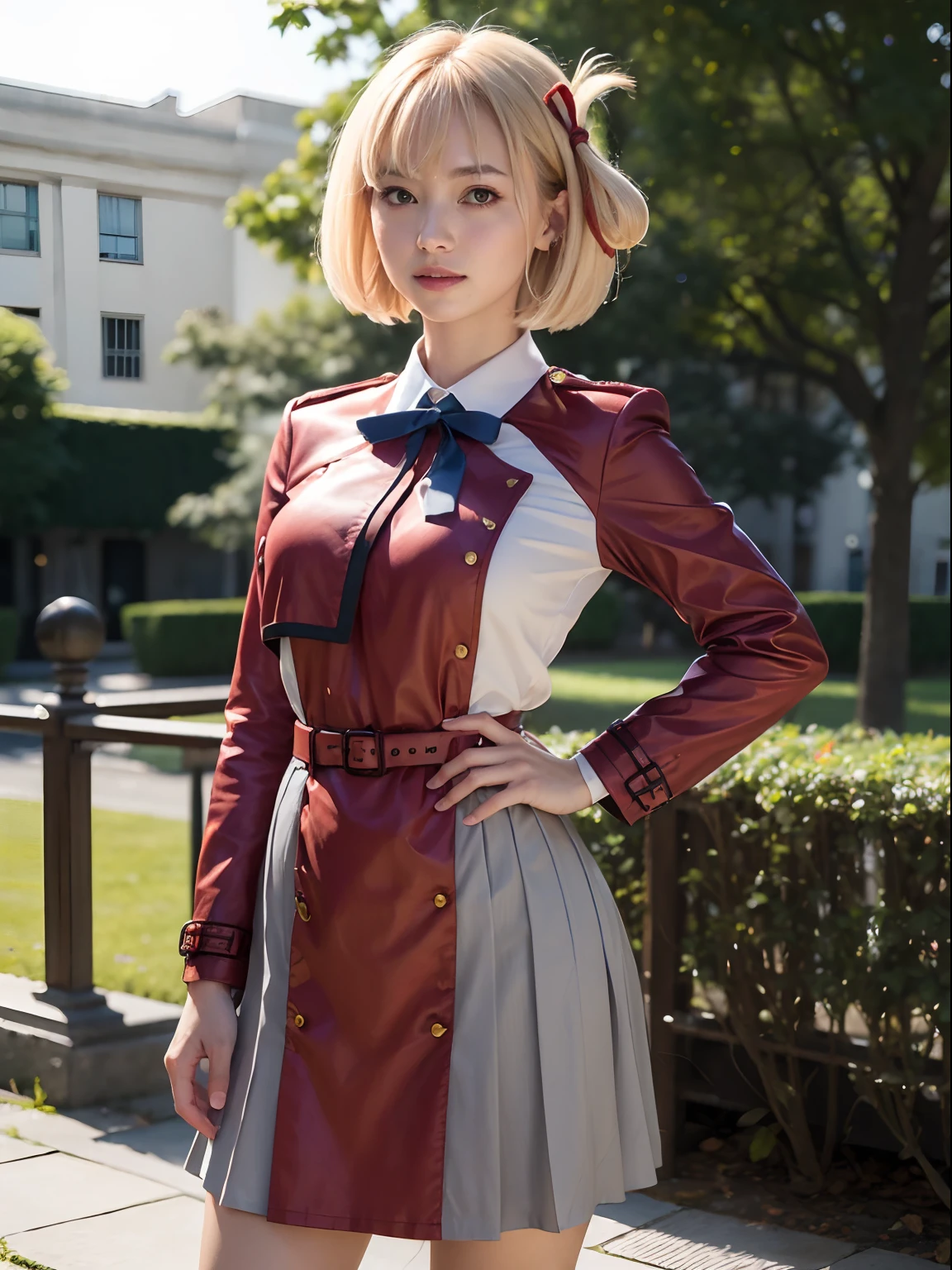 (masterpiece, best quality:1.4), (standing:1.3), (erotic pose:1.4), happy and big smile, chisatonishikigi, nishikigi chisato, short hair, bangs, blonde hair, (red eyes:1.5), hair ribbon, one side up, bob cut, BREAK shirt, long sleeves, dress, ribbon, white shirt, collared shirt, belt, neck ribbon, red dress, blue ribbon, pleated dress, grey dress, two-tone dress, red belt, lycoris uniform, BREAK outdoors, citypark, looking at viewer ,looking at viewer looking at viewer beautiful face, highly detailed face, highly detailed eyes, highly detailed skin, skin pores, subsurface scattering, realistic pupils, full face blush, full lips, detailed background, depth of field, volumetric lighting, sharp focus, absurdres, realistic proportions, good anatomy, (realistic, hyperrealistic:1.4), 16k hdr,