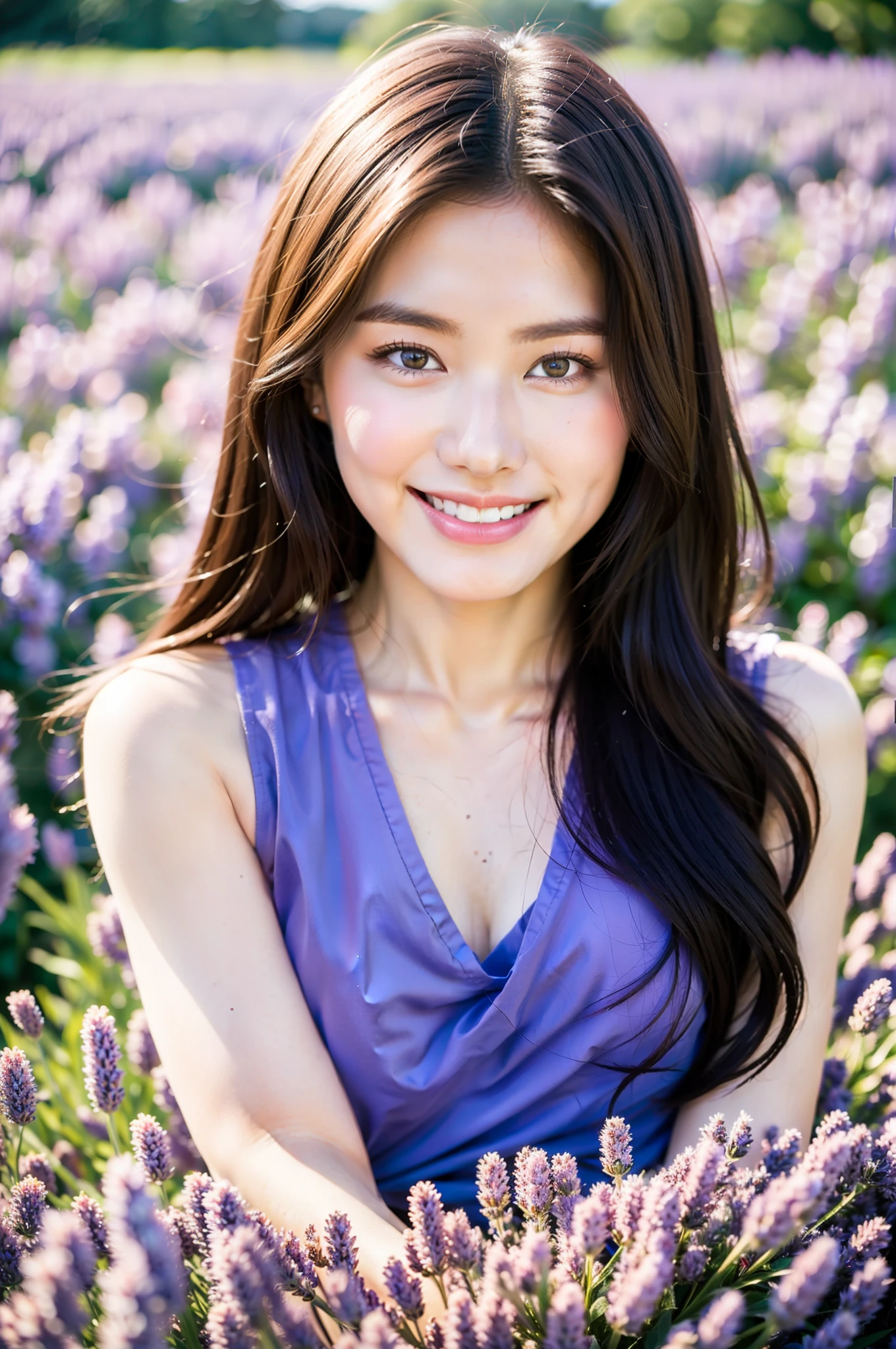 ((Best Quality, 8K, Masterpiece: 1.3)), Sharp Focus: 1.2,A 18 year old beautiful Attractive face,  little bit smiling, thin lip, attractive figure , beautiful eye, girl posing herself in lavender field , vibrant colours, sharp clean image