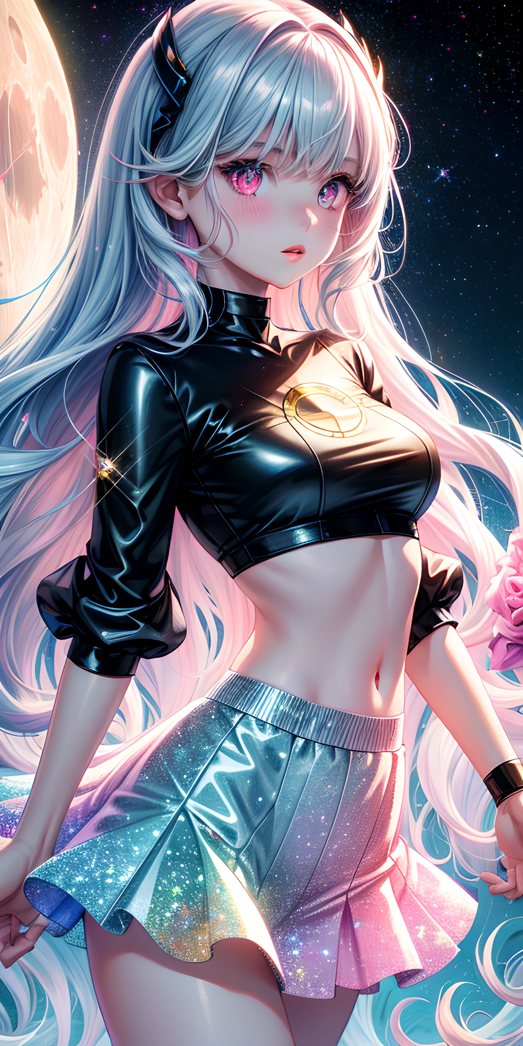 realistic, 1girl, holographic long wavy hair, heterochromic eyes, glowing eyes, holo crop top, holo skirt, parted lips, blush, moon, night, white roses, pastel pink,pastel blue tetradic colors, glitter