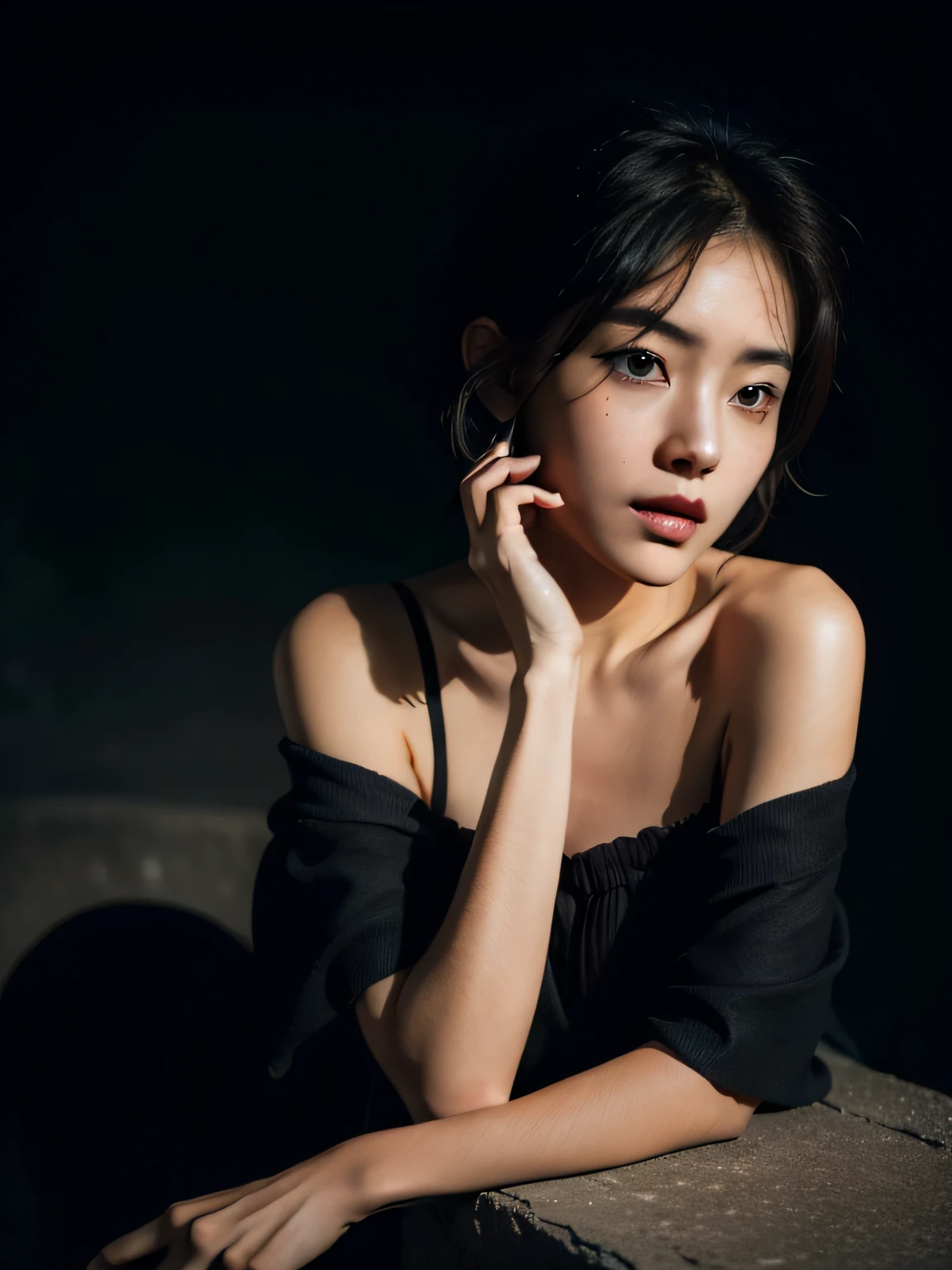 Best quality, masterpiece, ultra high res, (photorealistic:1.5), raw photo, 1girl, offshoulder, in the dark, deep shadow, low key, cold light, sexy look, short hair