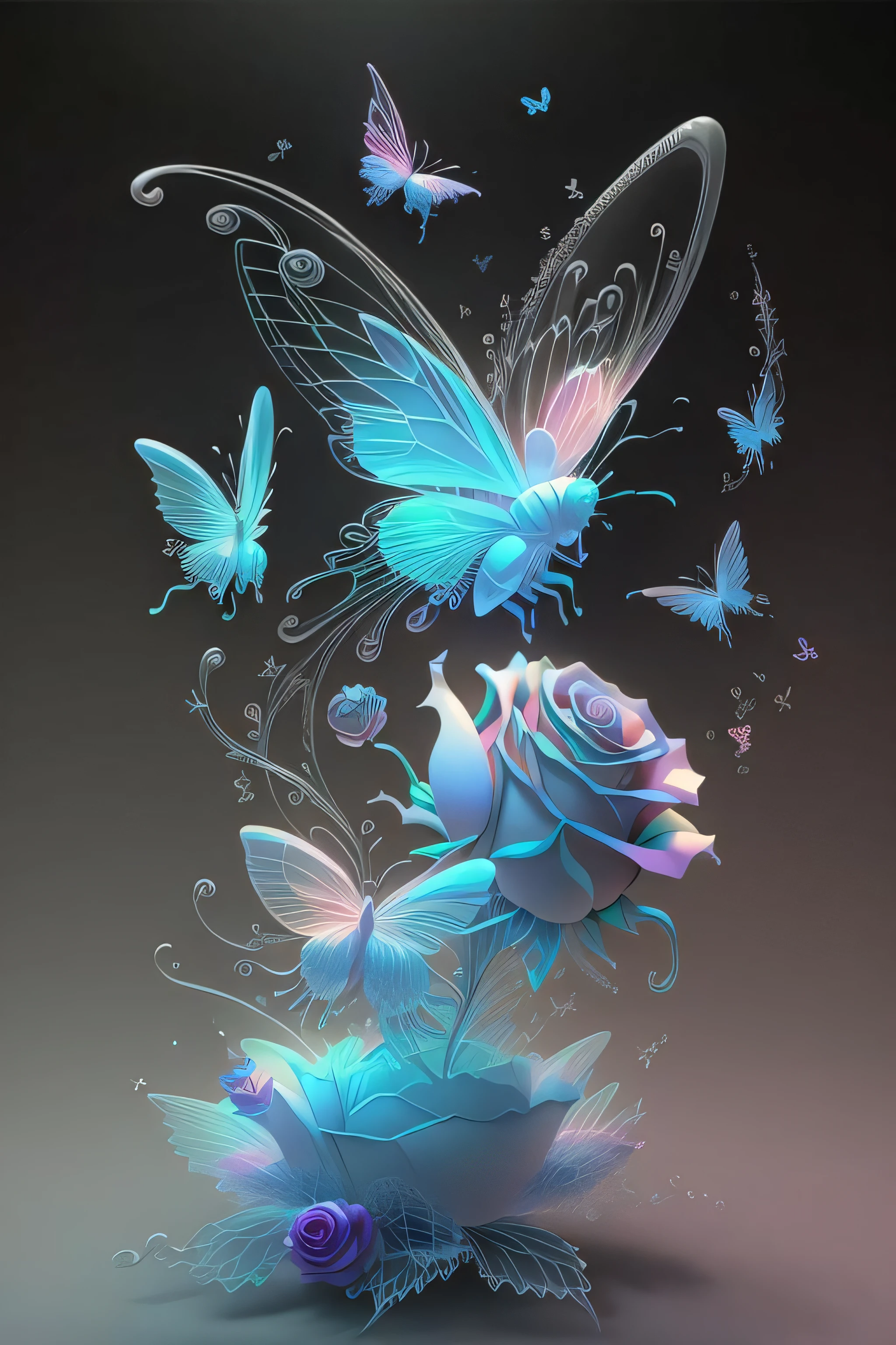 a beautiful 3d spectral crystal flower, soft fairy mist rose, transparent petals, colorful butterflies flying around the rose,