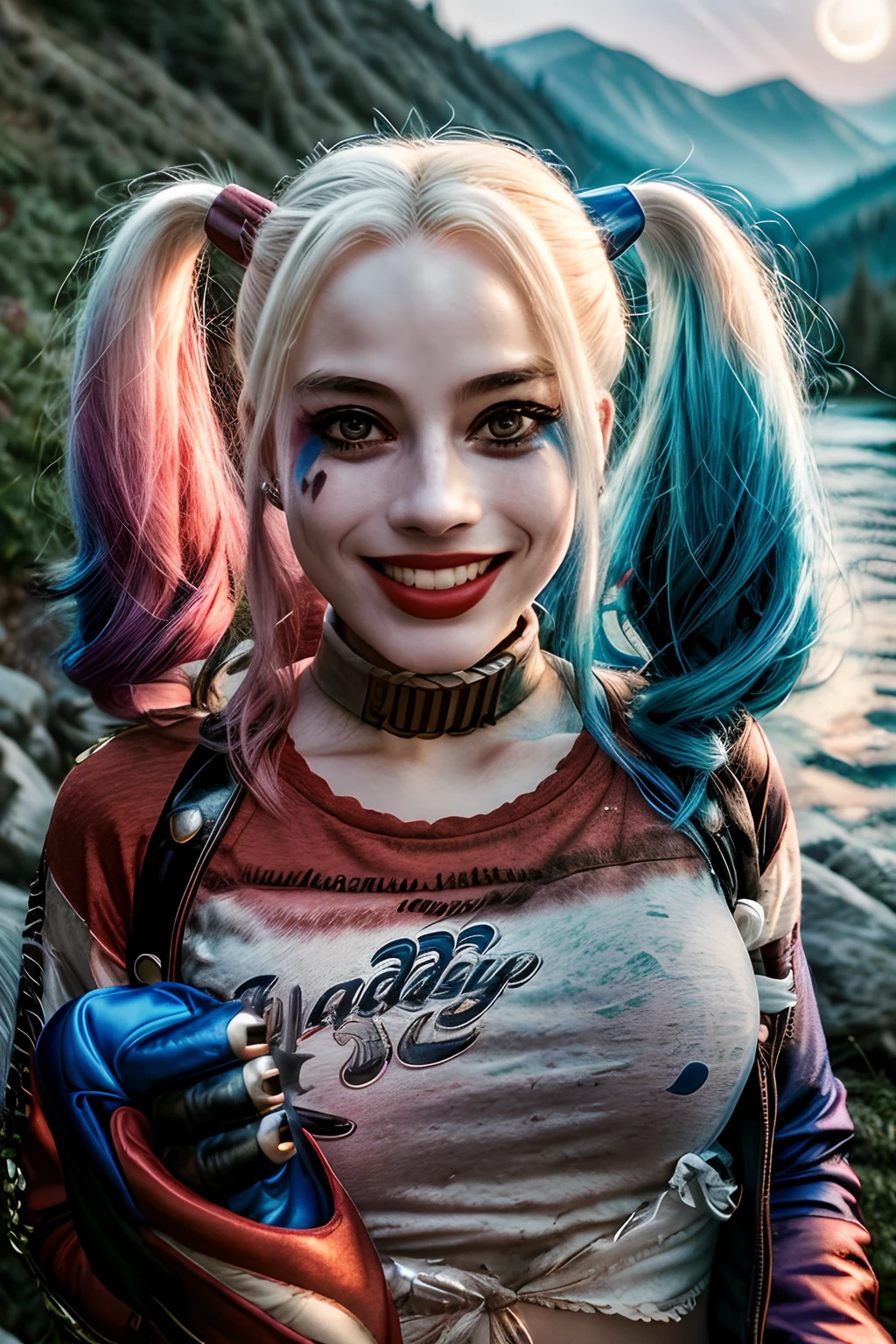 1girl, harleyquinn, twintails, multicolored hair, ((upper body selfie, happy)), masterpiece, best quality, ultra-detailed, solo, outdoors, (night), mountains, nature, (stars, moon) cheerful, happy, mountain boots, gloves, flashlight, forest, rocks, river, wood, smoke, shadows, contrast, clear sky, analog style, (look at viewer:1.2), (skin texture), (film grain:1.3), (warm hue, warm tone :1.2), close up, cinematic light, sidelighting, ultra high res, best shadow, RAW, upper body, wearing pullover